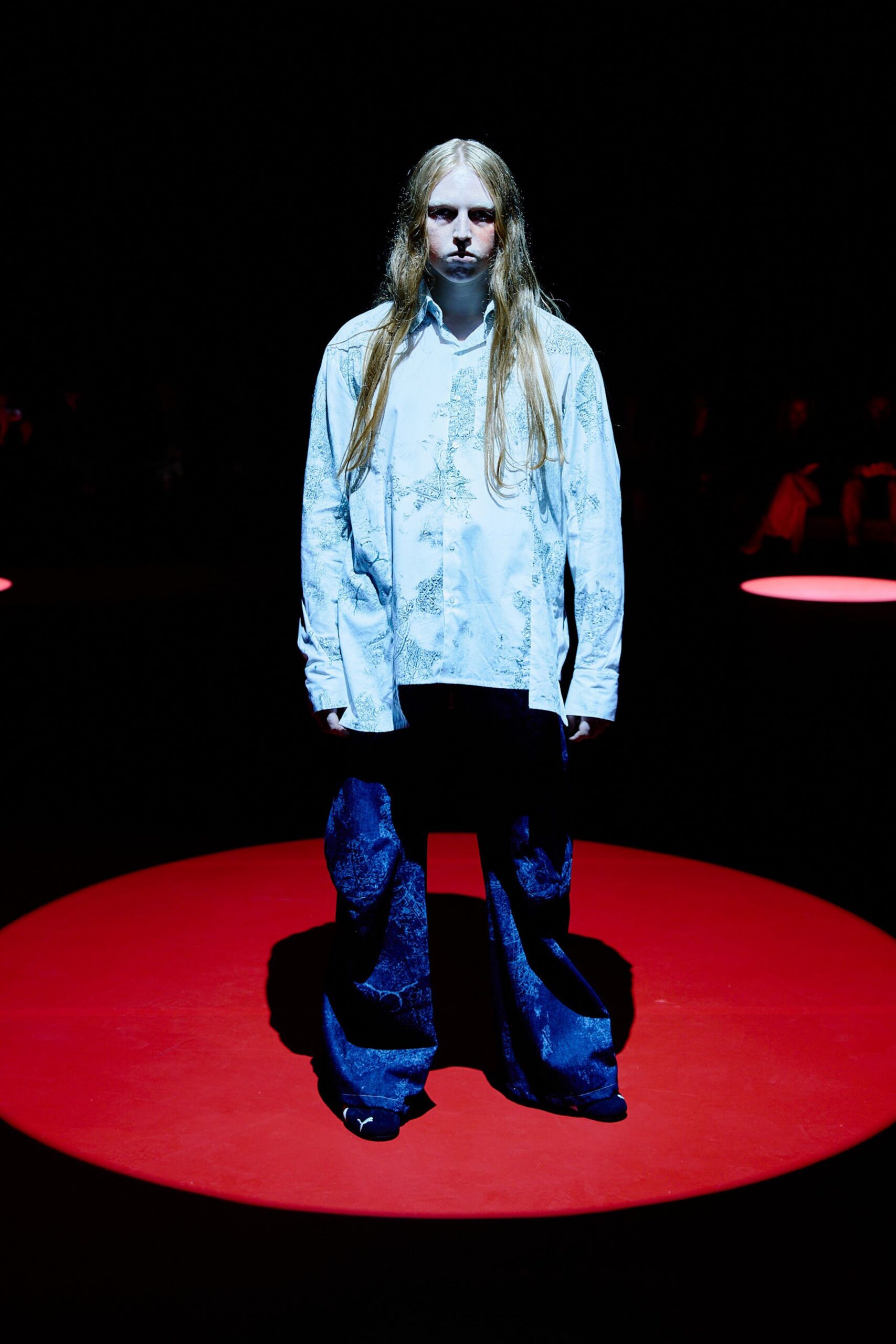 blue printed shirt and denim pants