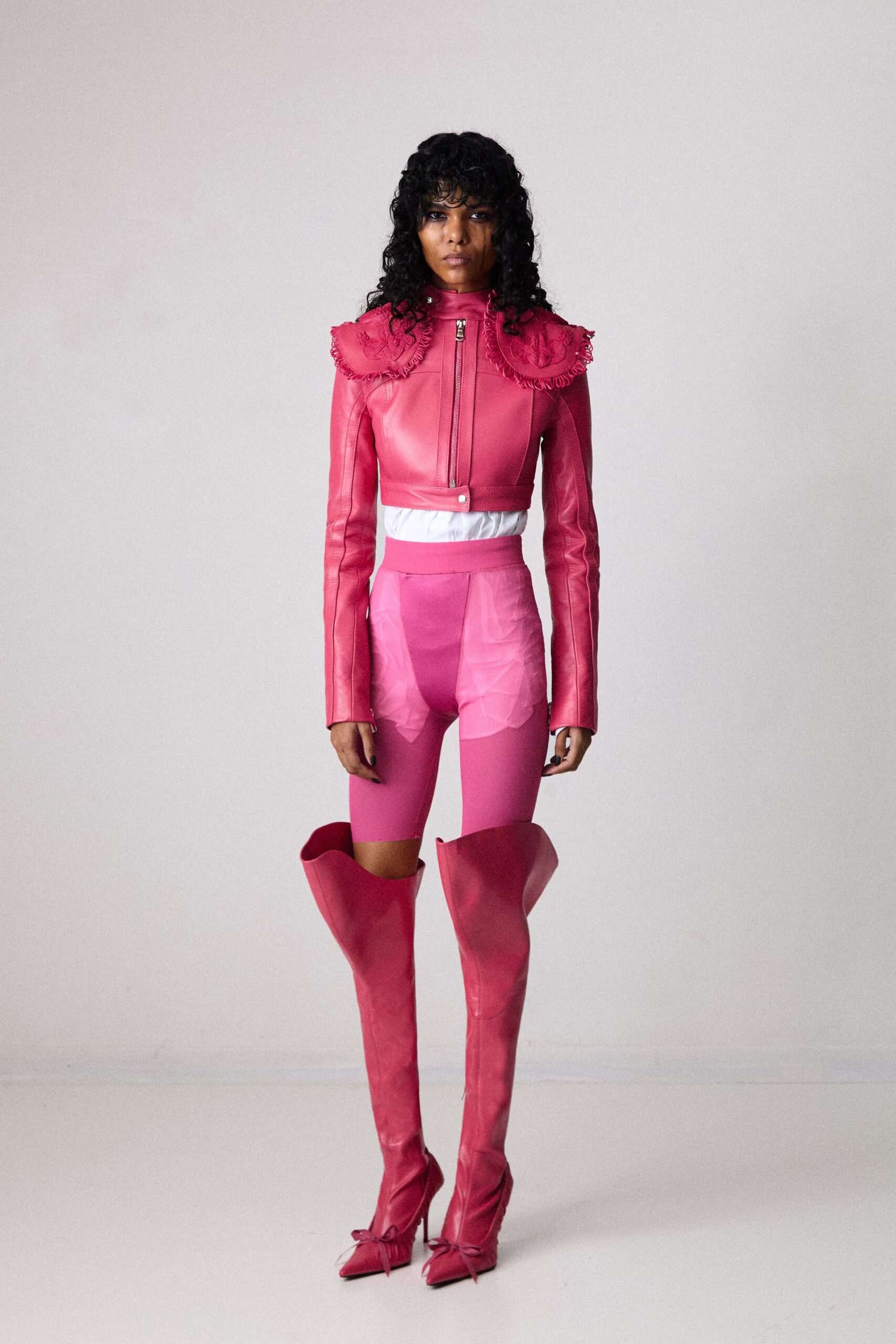 pink leather long-sleeve collared fitted ruffled jacket