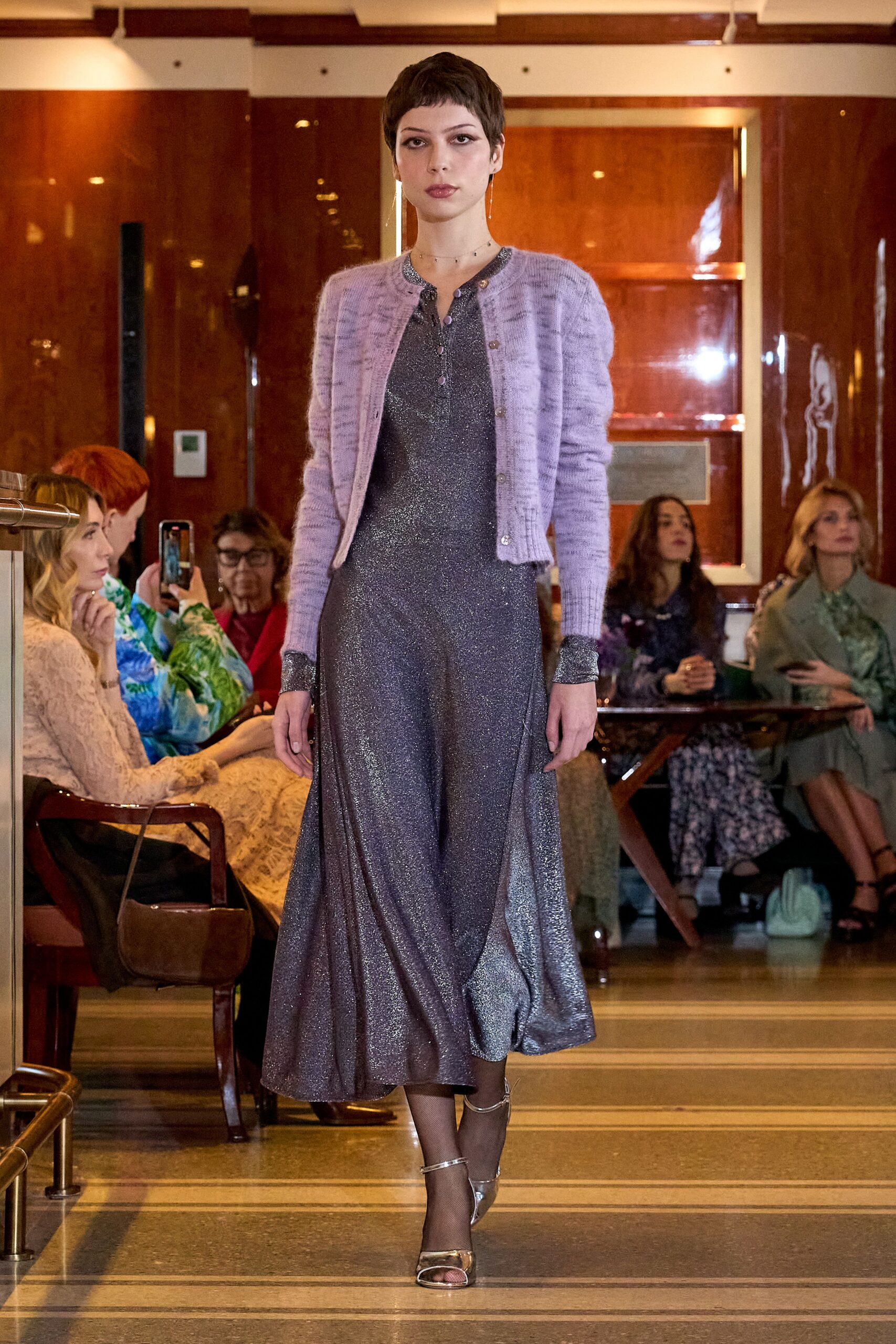 gray silk long-sleeve v-neck fitted shiny flowing dress