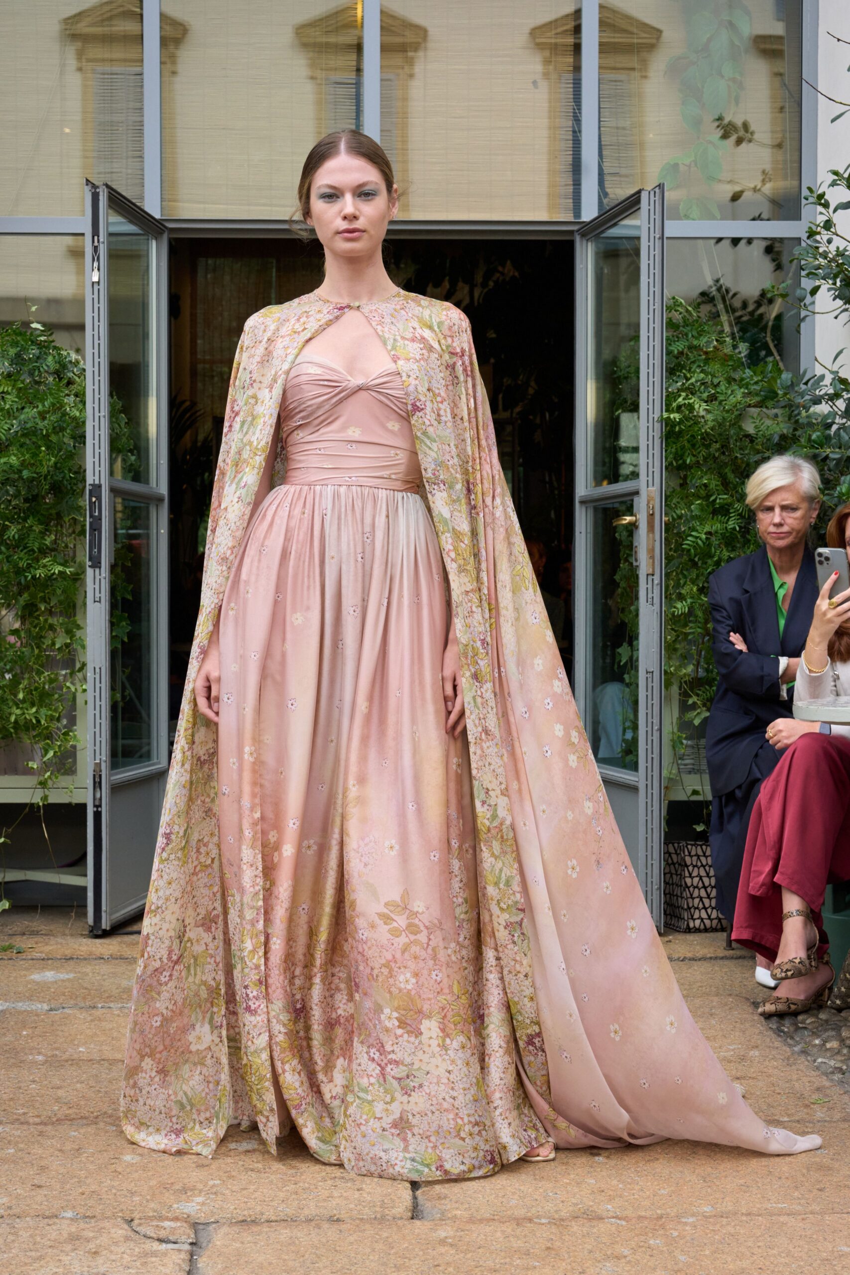 pink floral gown with cape