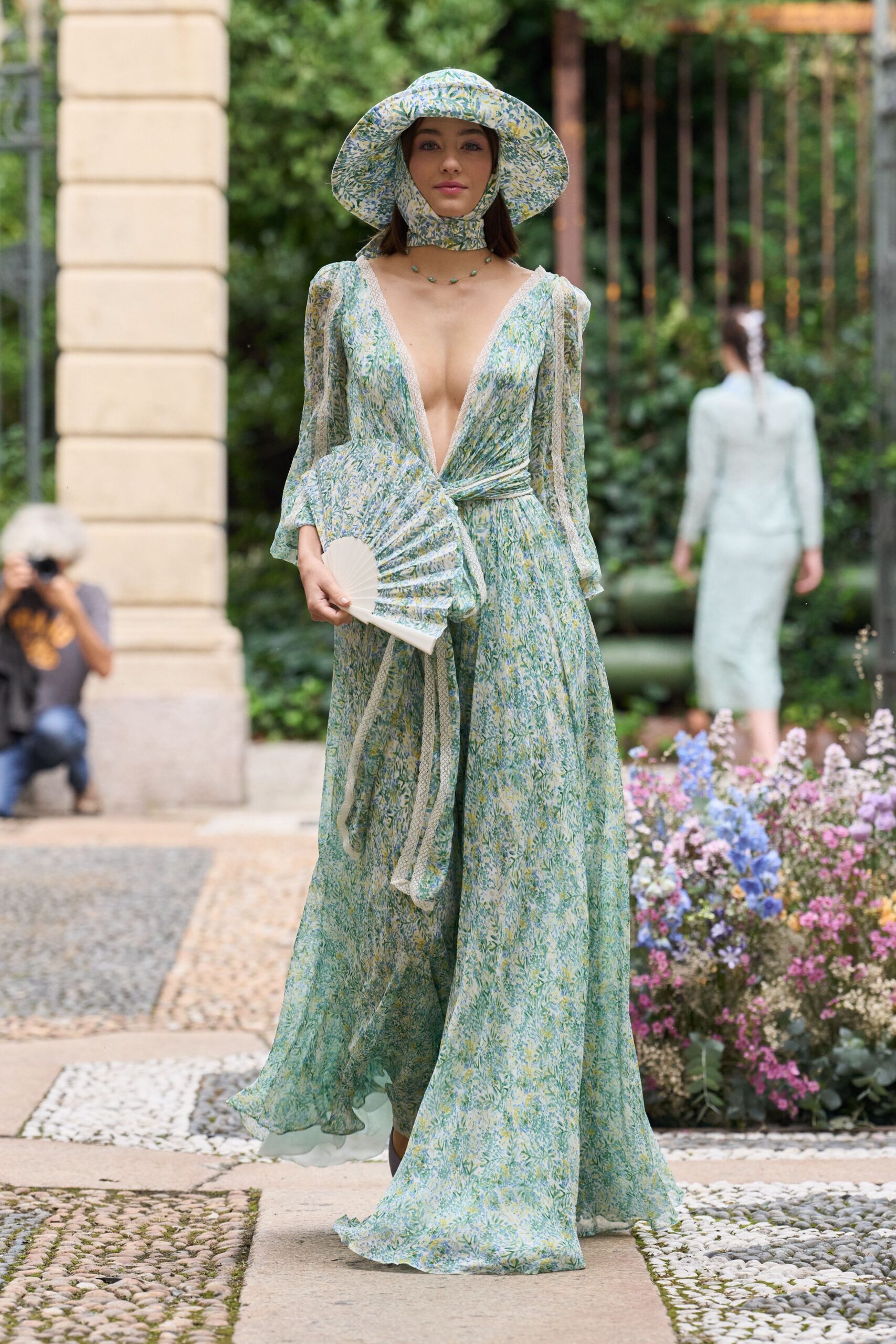 green silk long-sleeve v-neck fitted floral tiered gown