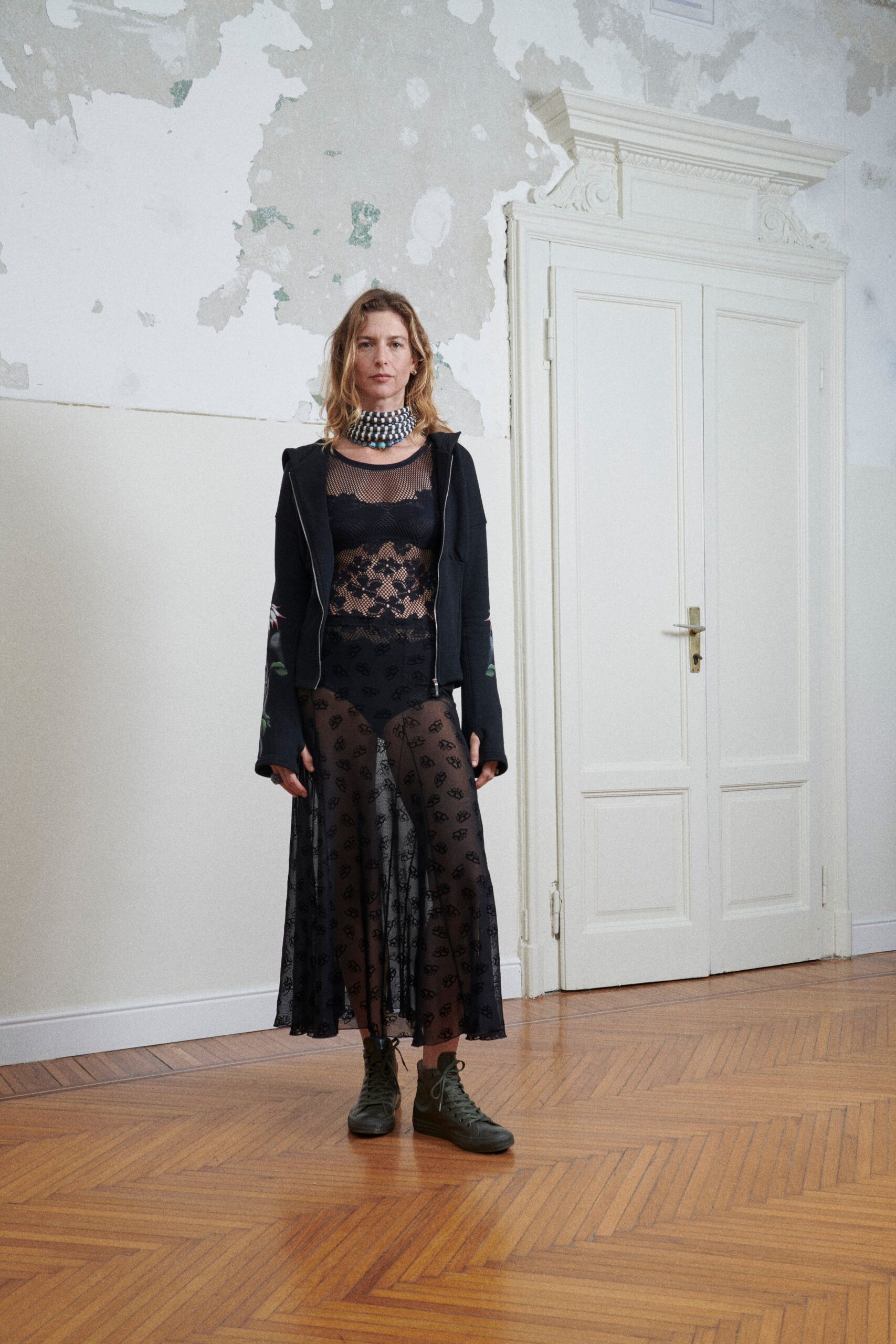 black mesh floral midi dress