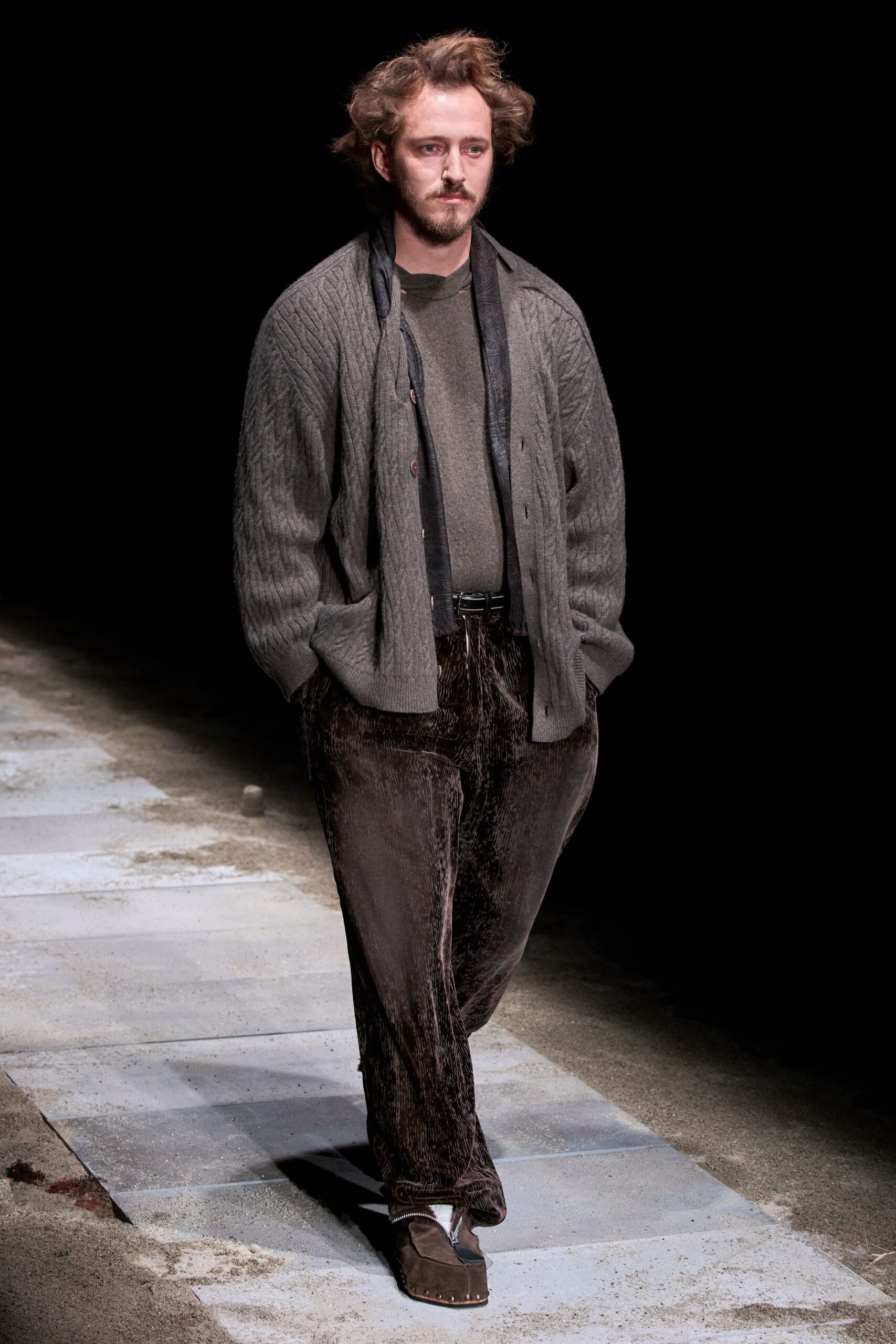 gray wool cardigan with green top
