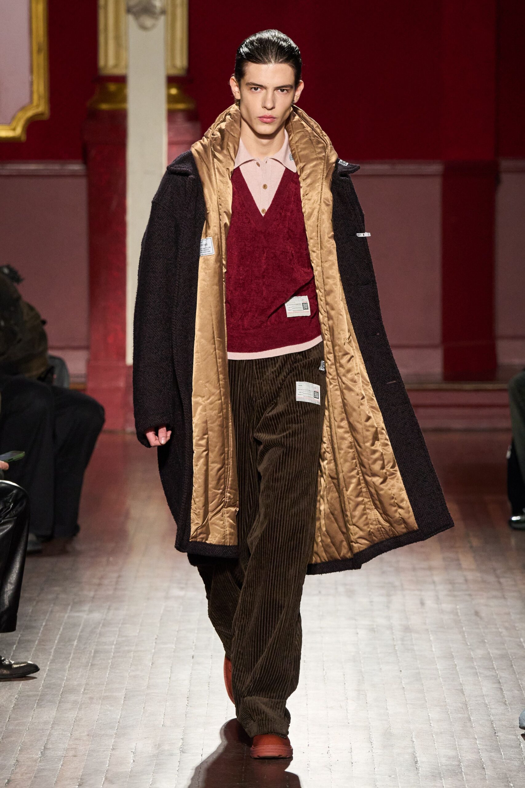 black wool coat with red vest