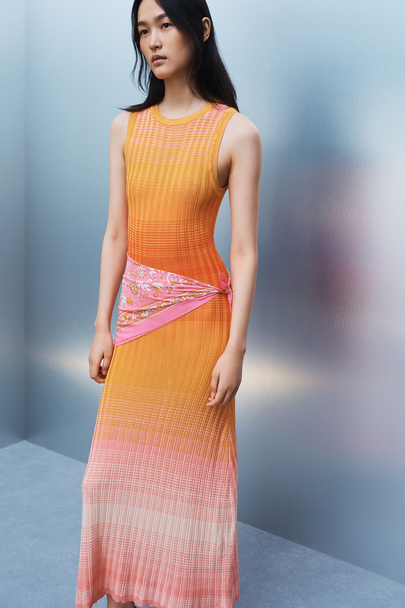 orange and pink pleated midi dress