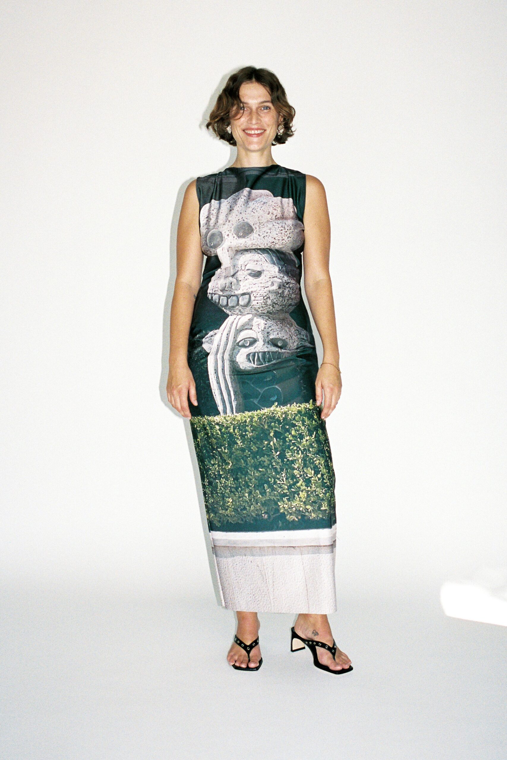 green silk sleeveless high-neck fitted printed maxi dress