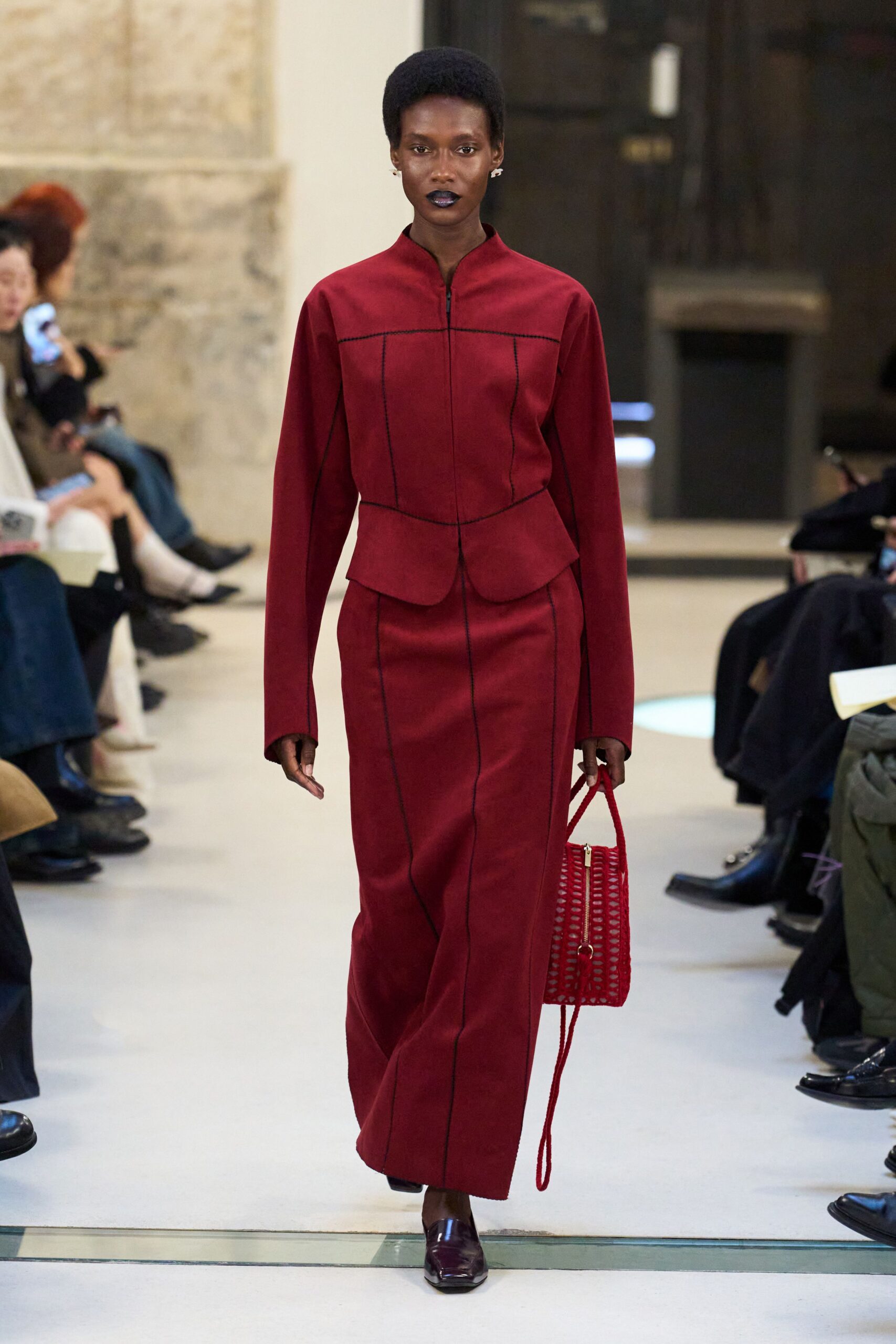 red cotton long-sleeve collared fitted straight-leg maxi dress