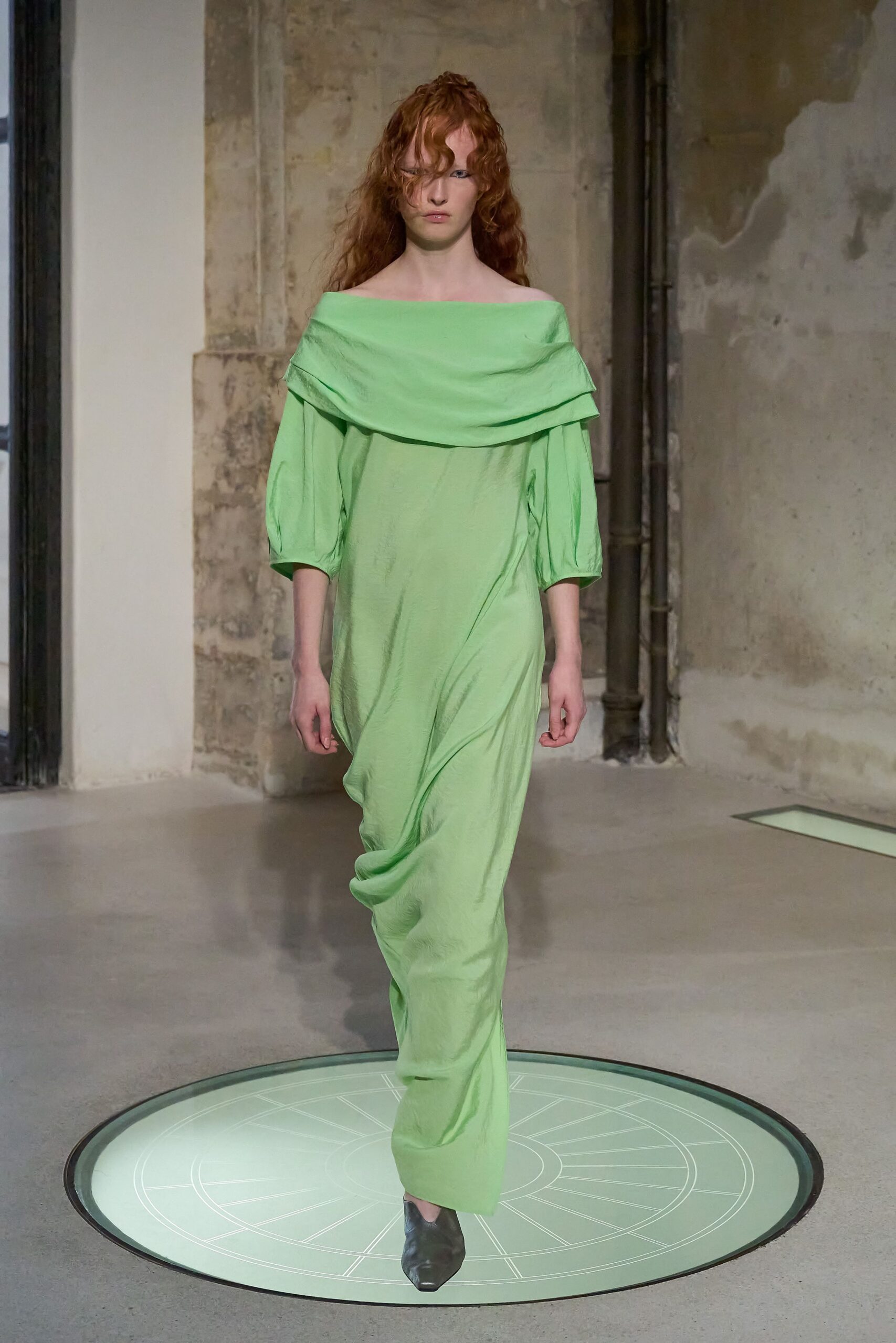 green cotton off-shoulder long-sleeve relaxed draped maxi dress