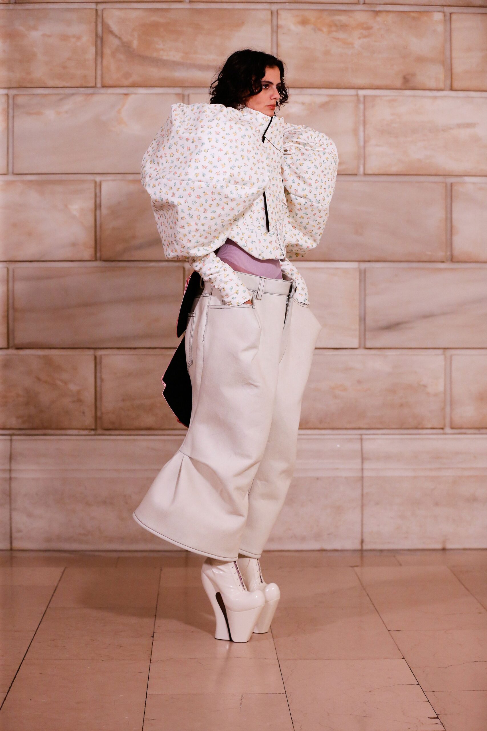 white cotton long-sleeve collared relaxed padded printed jacket