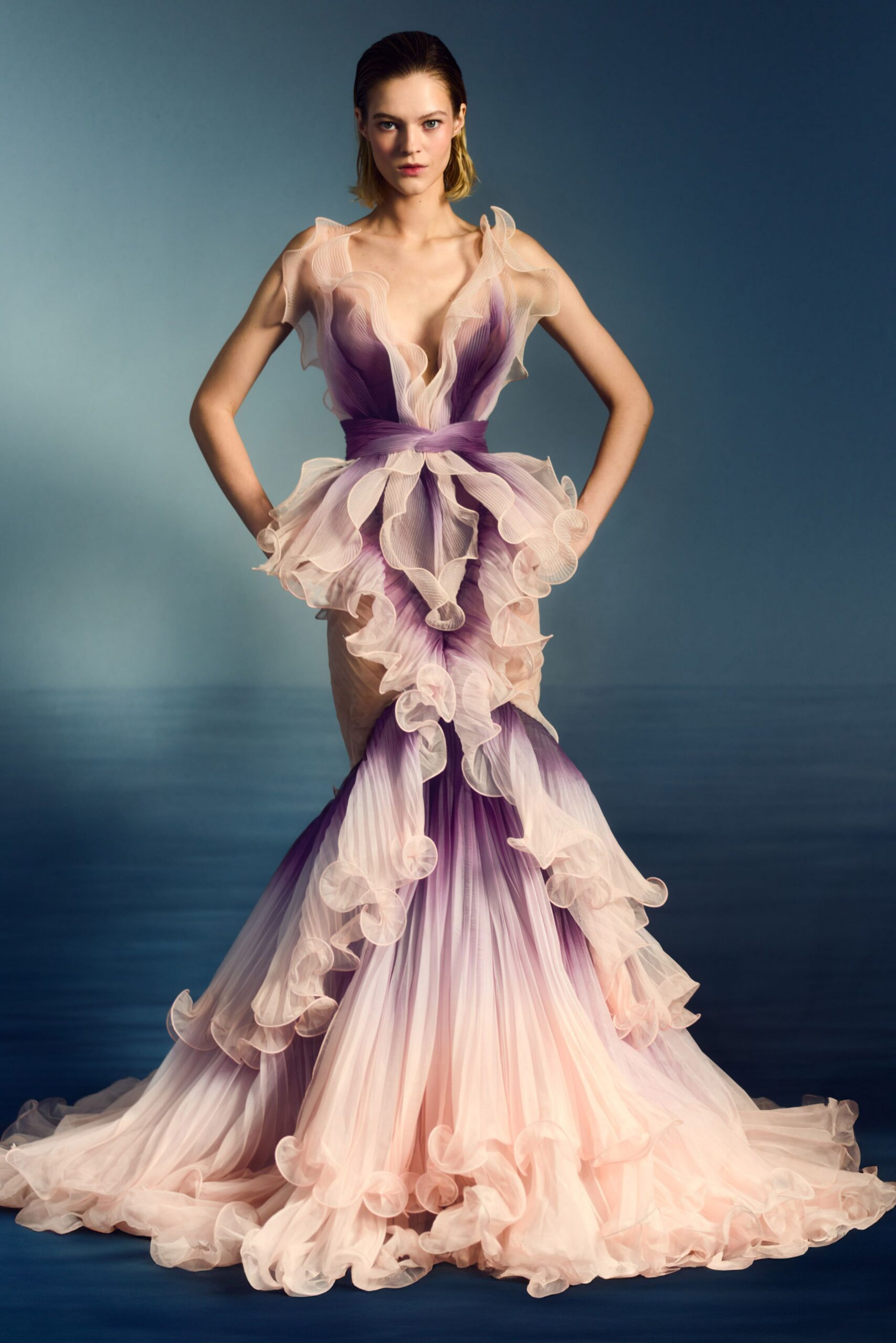 purple pink ruffled gown