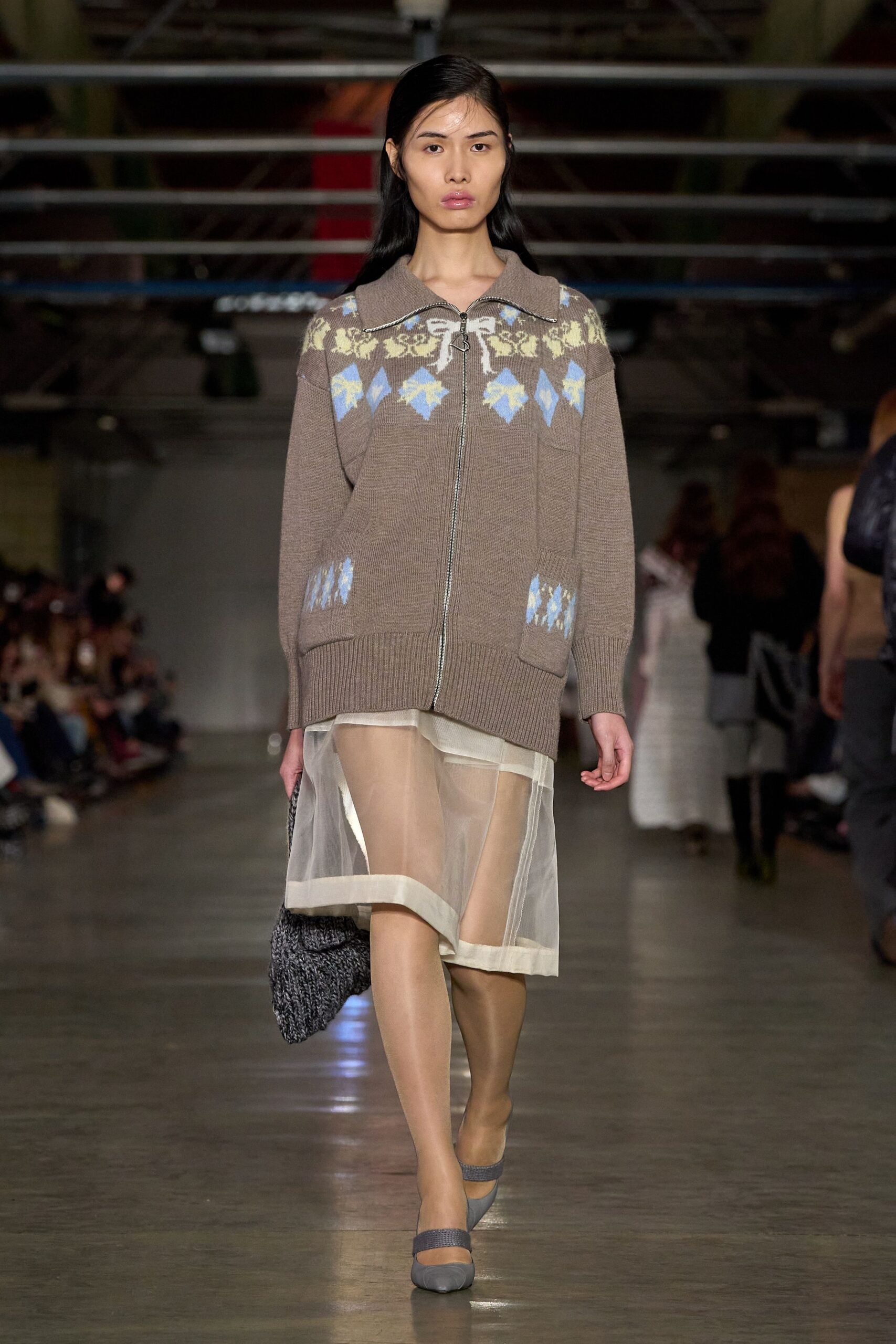 brown wool cardigan with white skirt