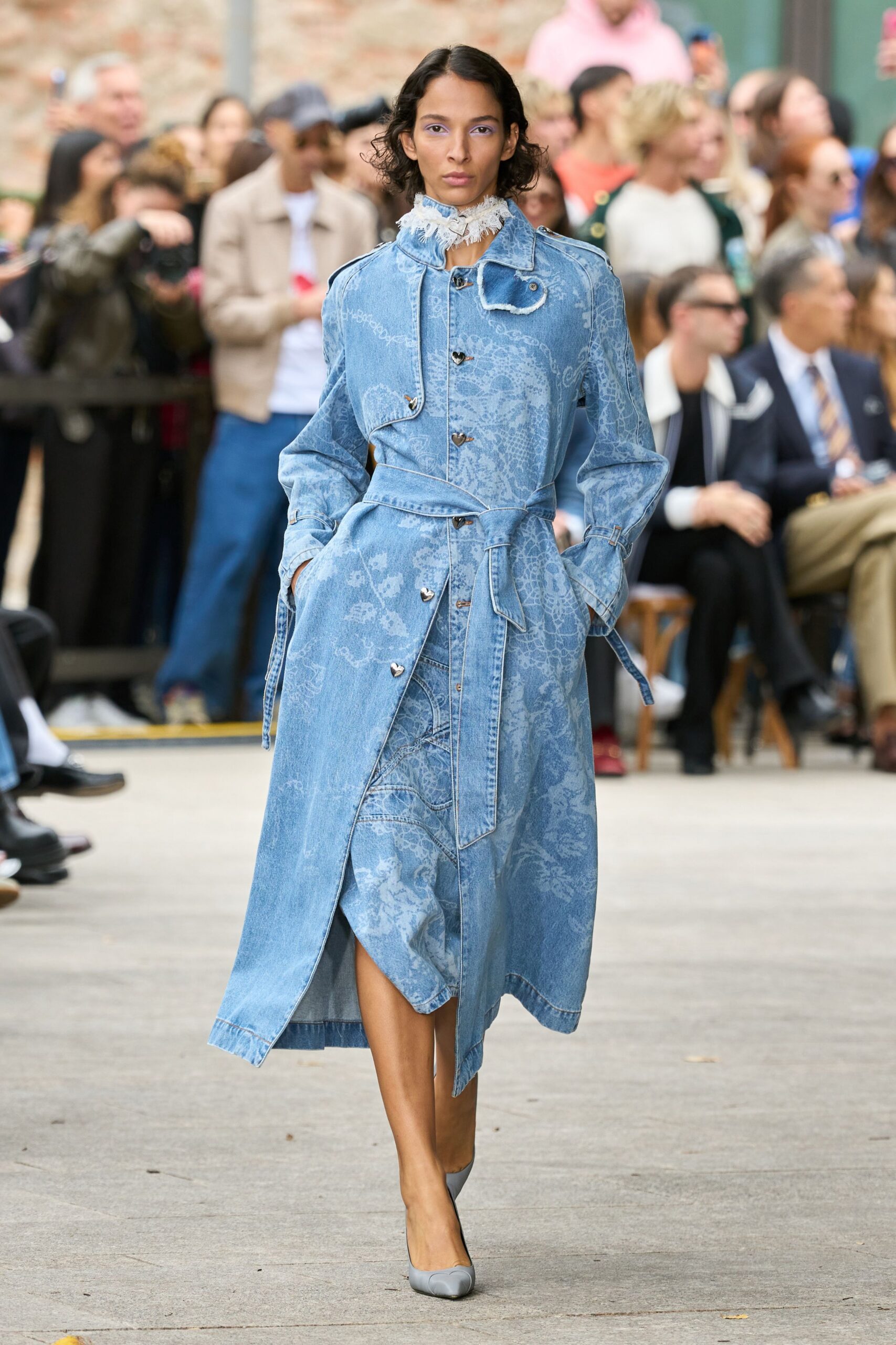 blue denim long-sleeve collared fitted buttoned belted dress