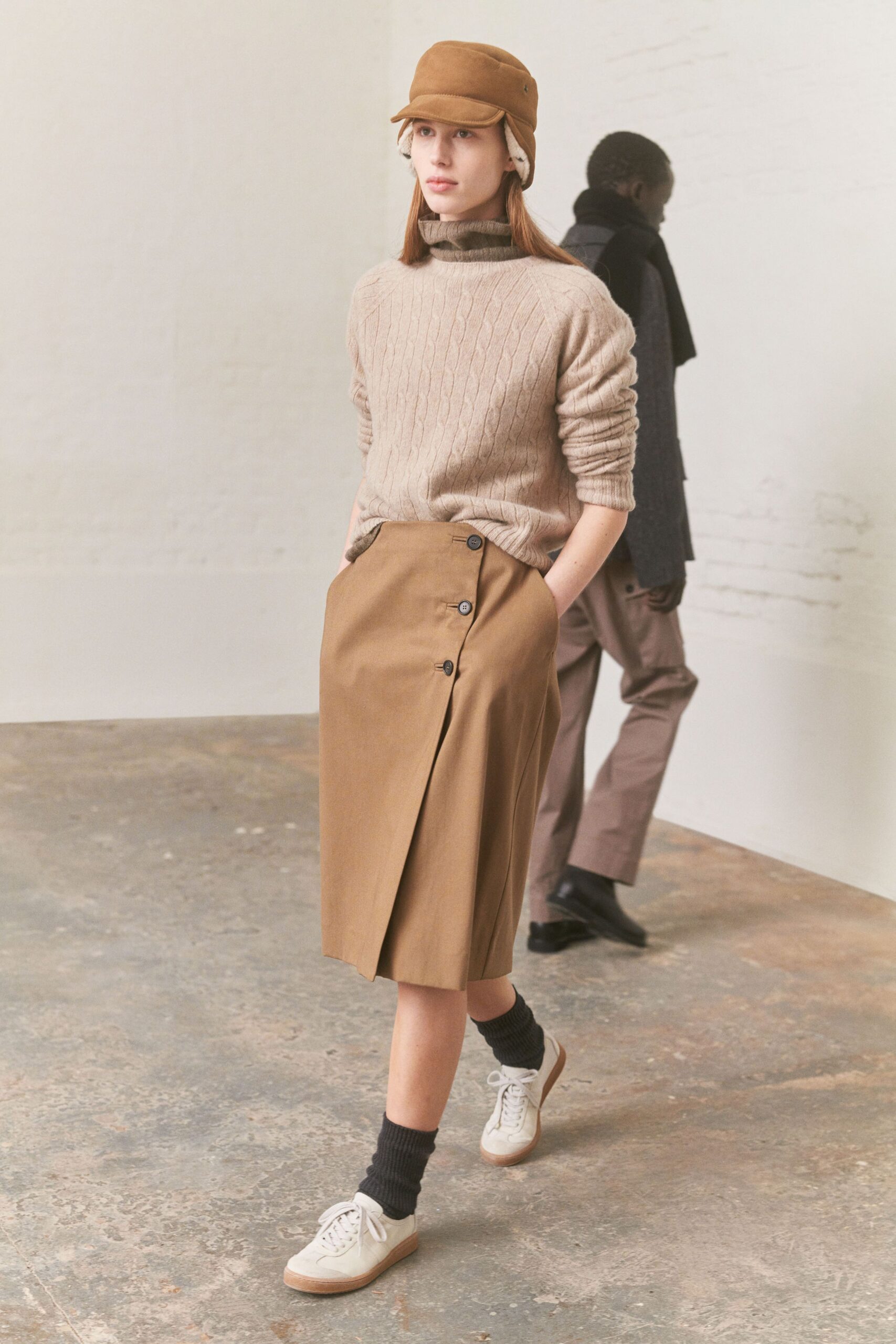 brown cotton asymmetric fitted high-waisted buttoned skirt