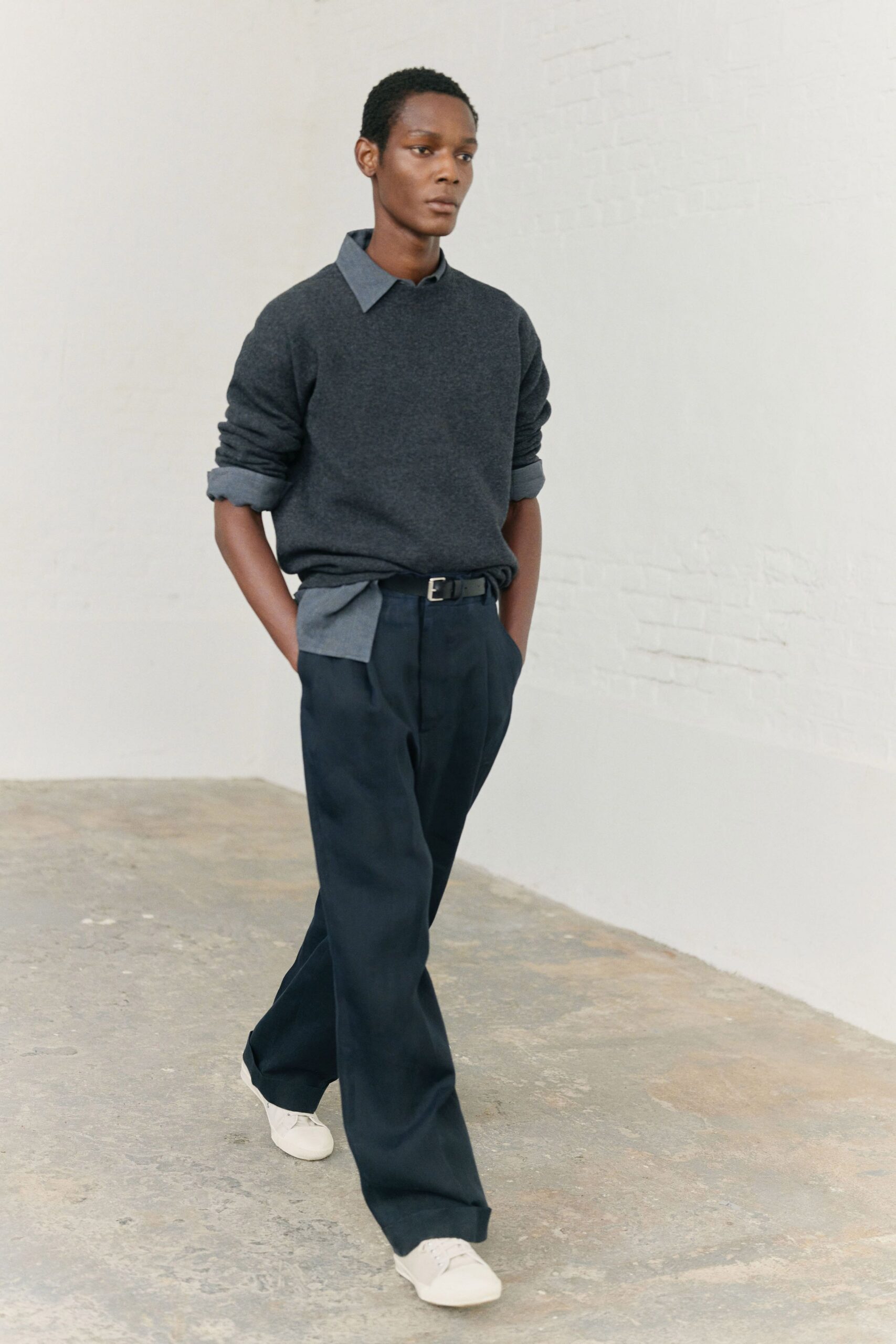 gray wool sweater with blue shirt