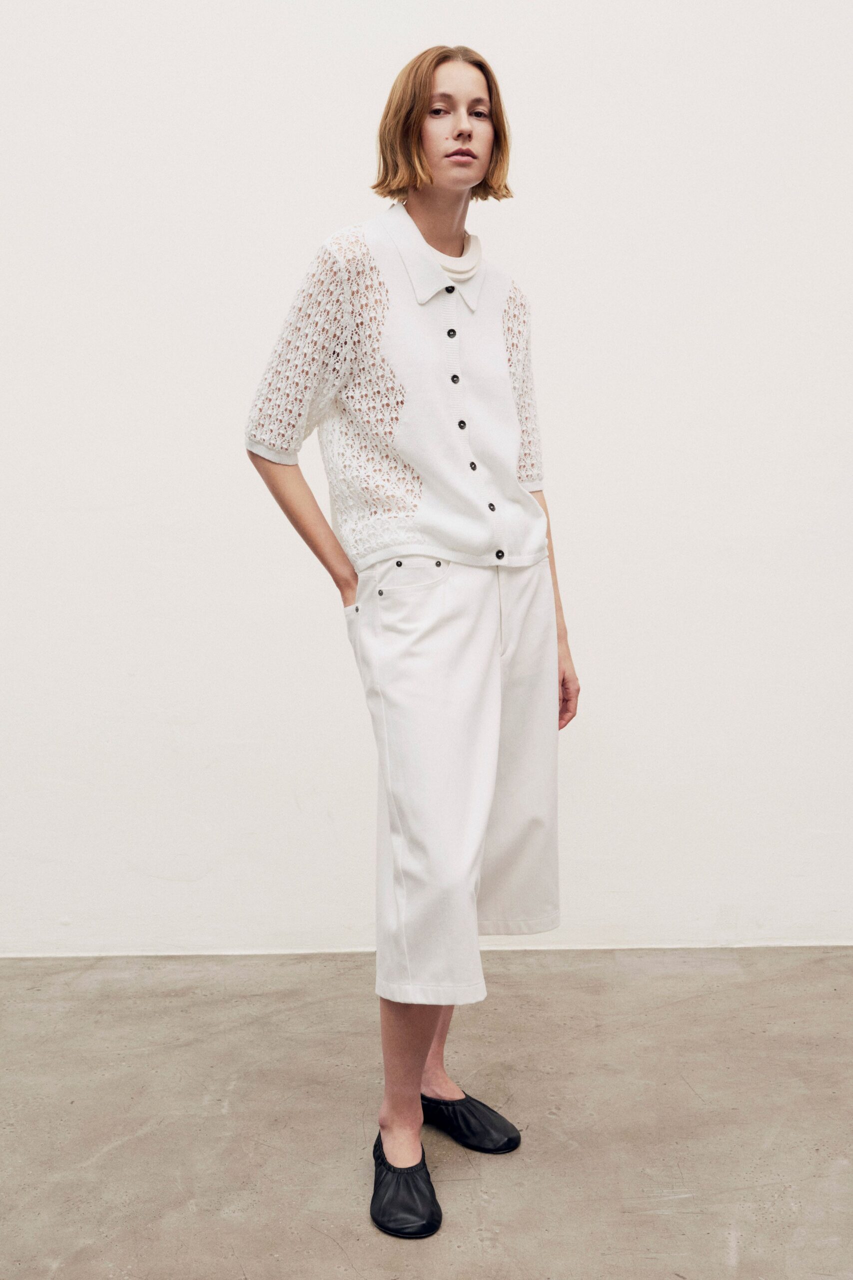 white cotton short-sleeve collared relaxed layered buttoned top
