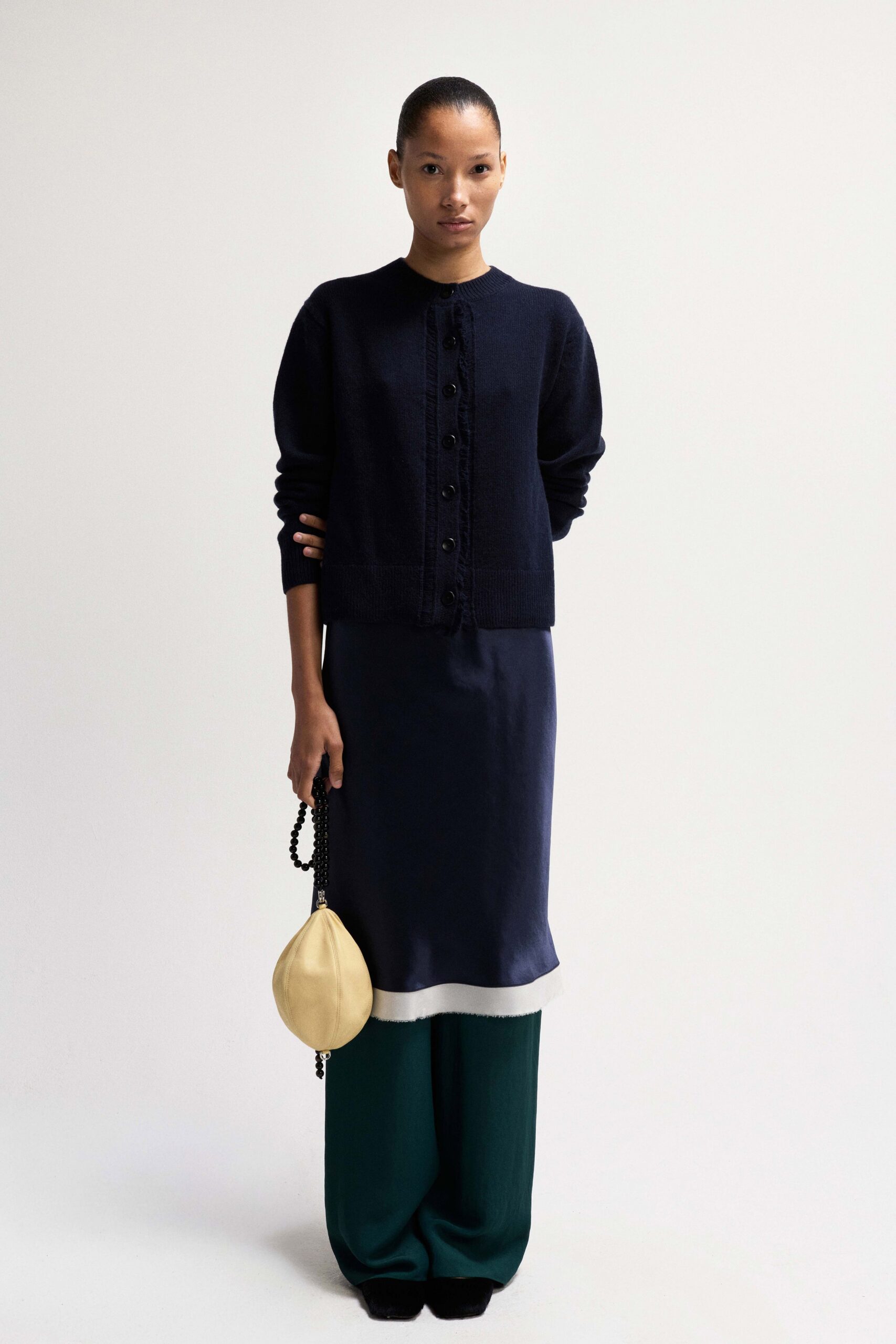 black wool long-sleeve collared fitted buttoned cardigan
