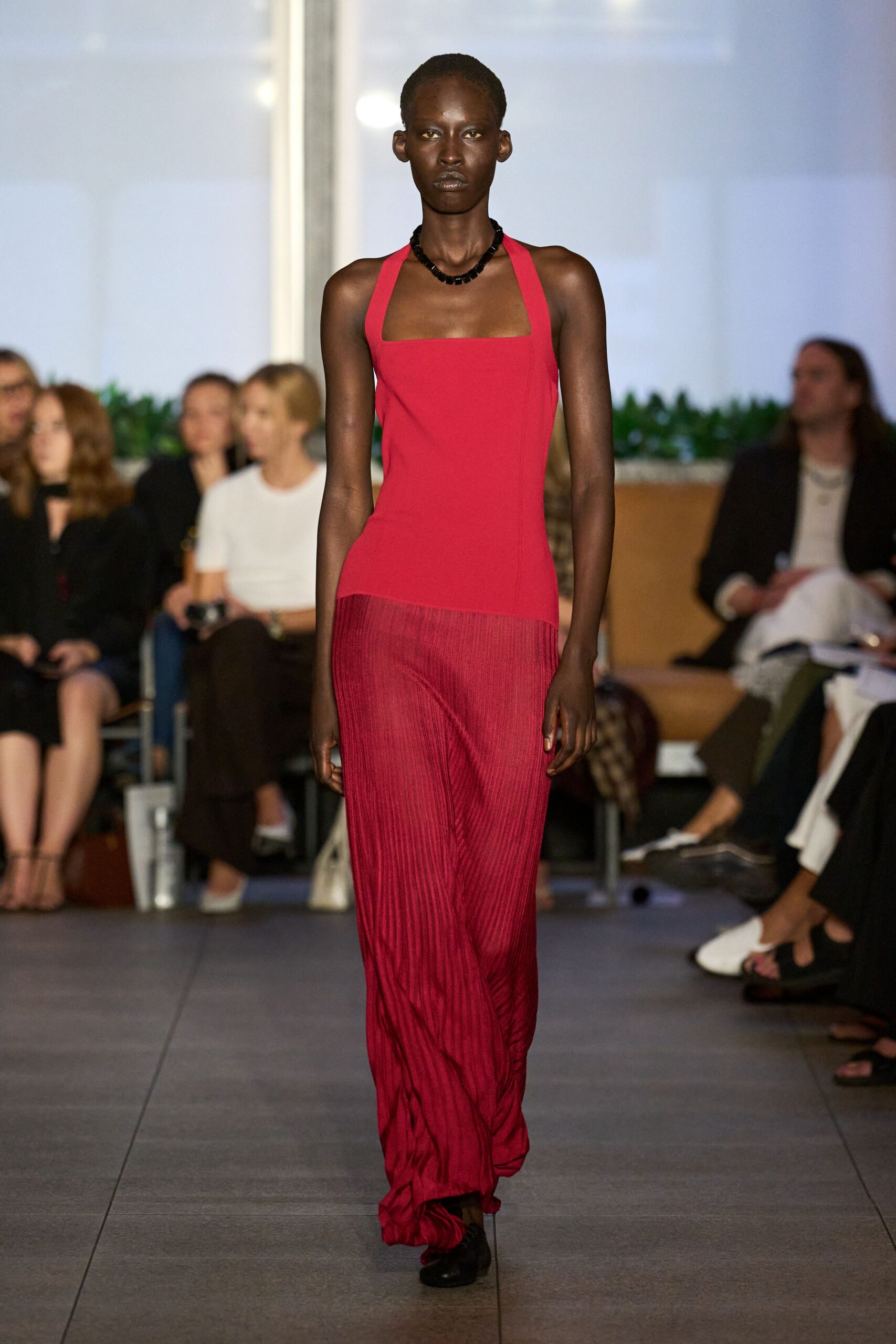 red silk sleeveless halter fitted pleated maxi dress