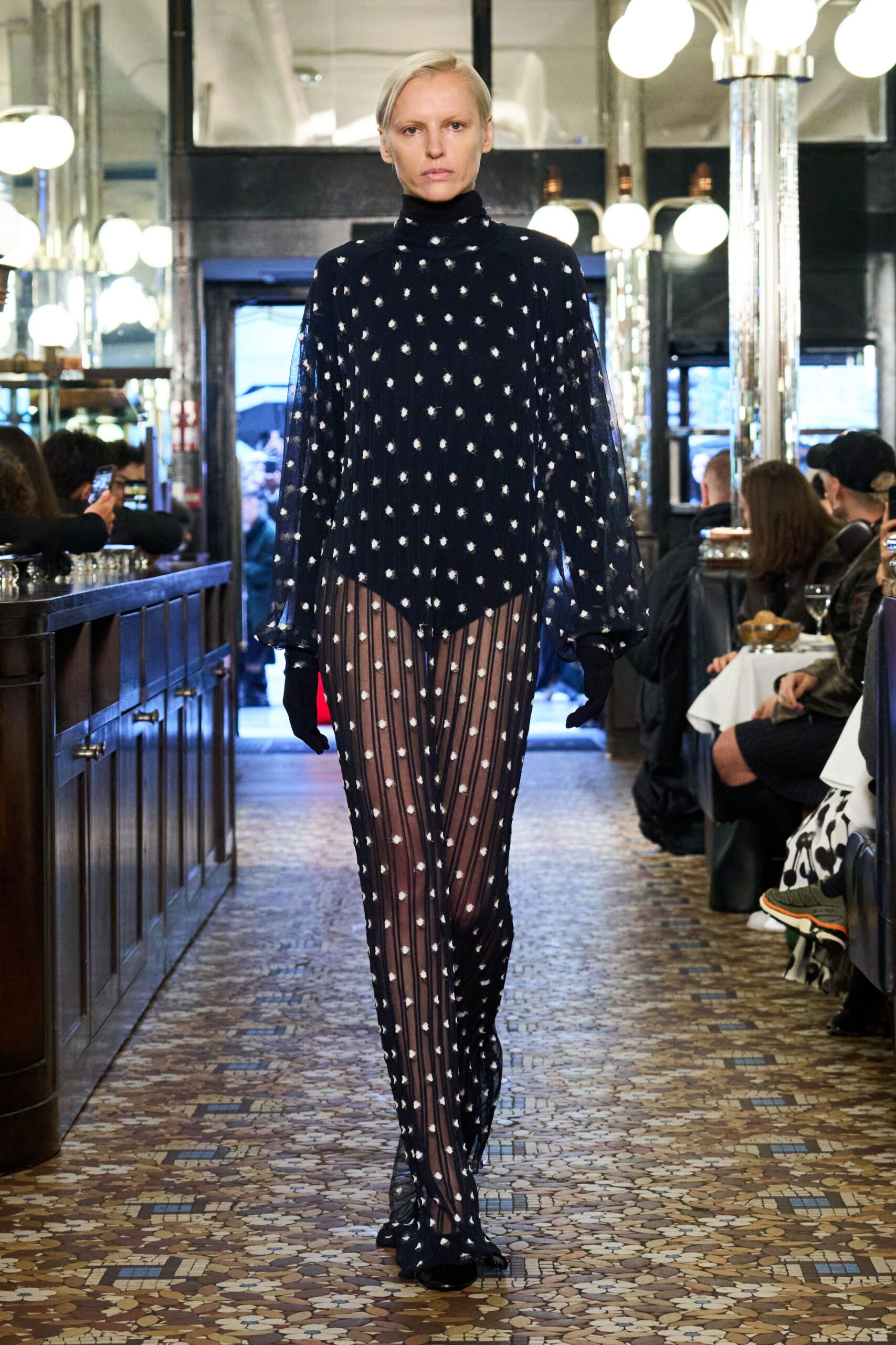 blue silk long-sleeve high-neck fitted printed bodysuit