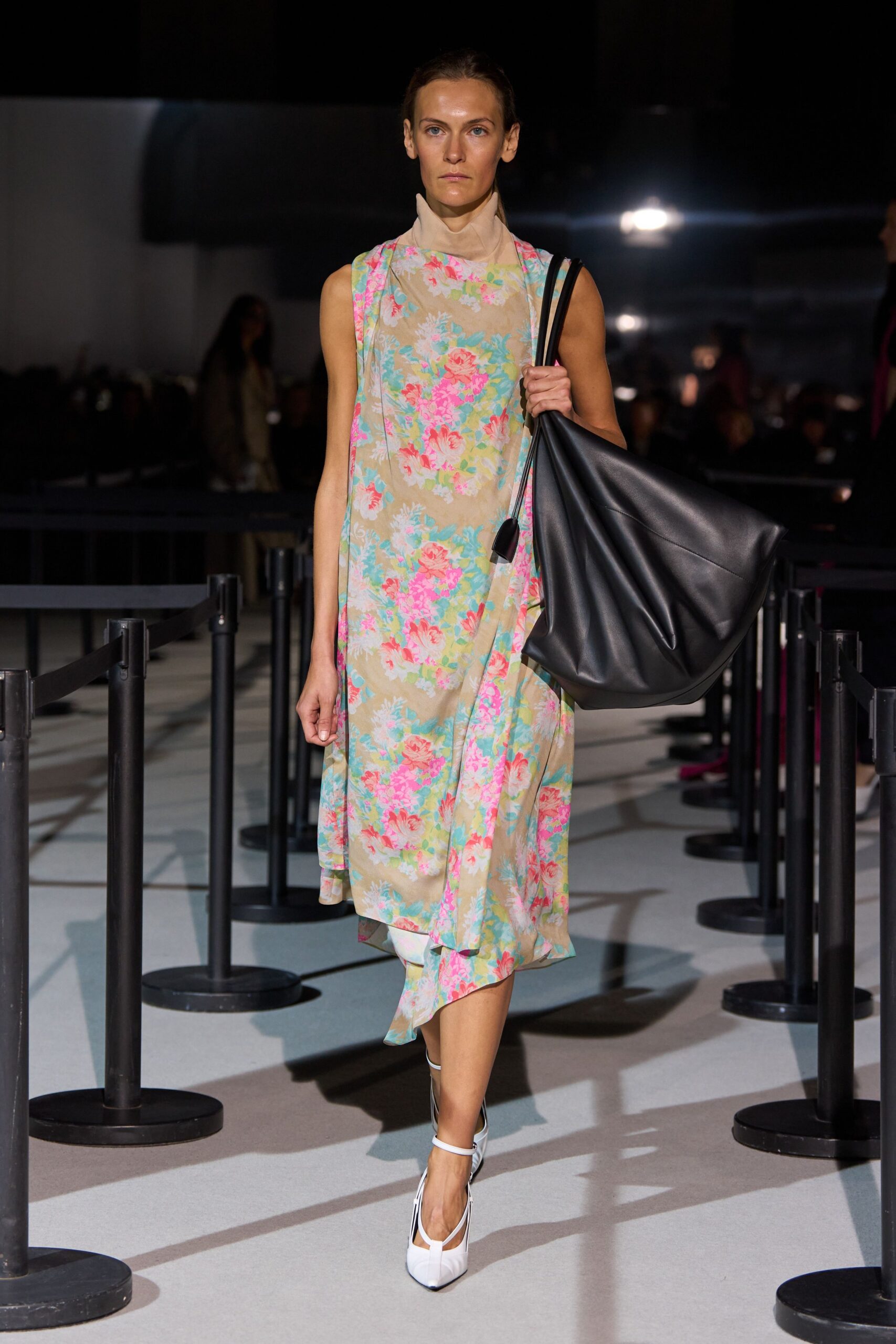 green silk sleeveless high-neck relaxed floral draped dress