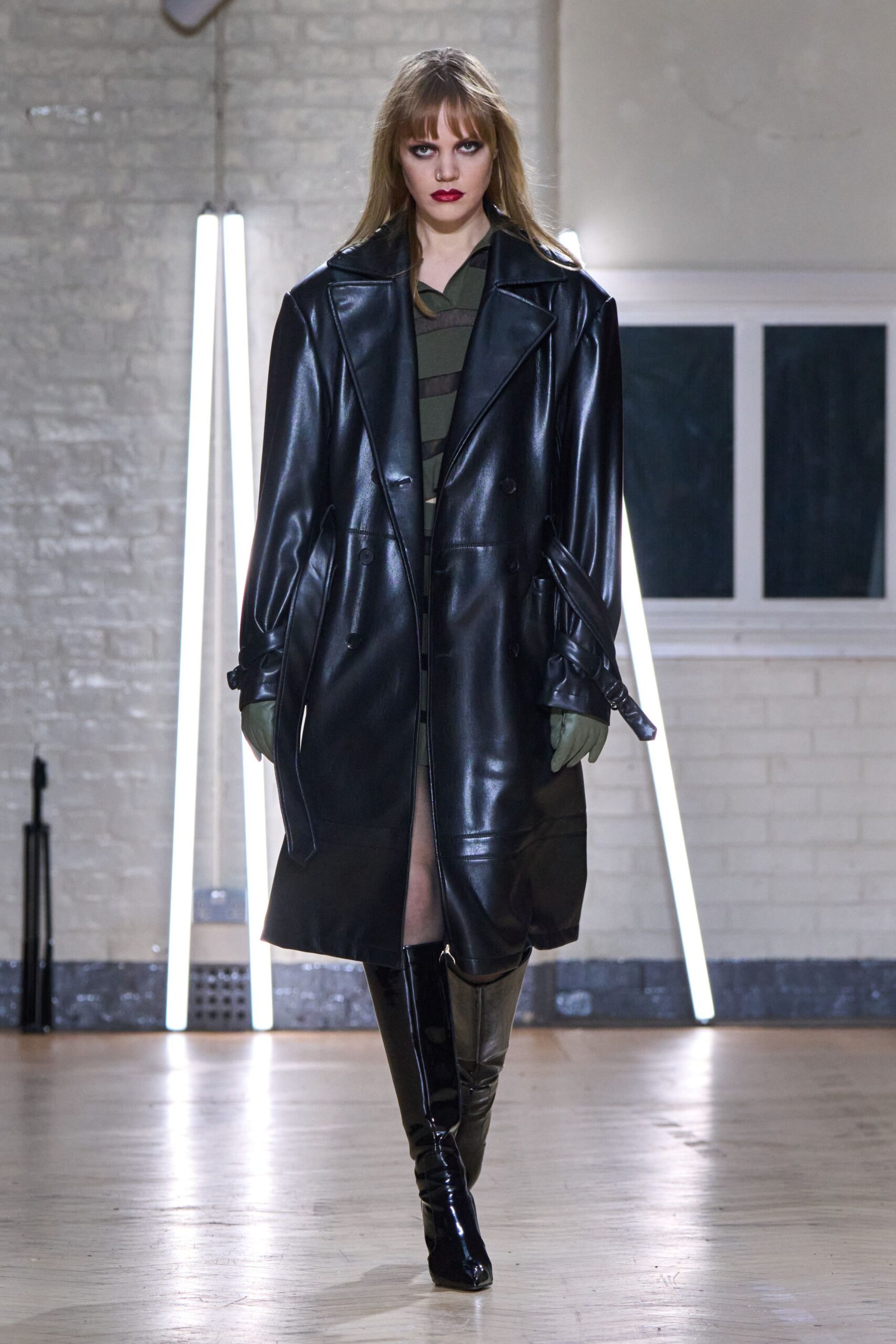 black leather long-sleeve collared relaxed zippered midi coat