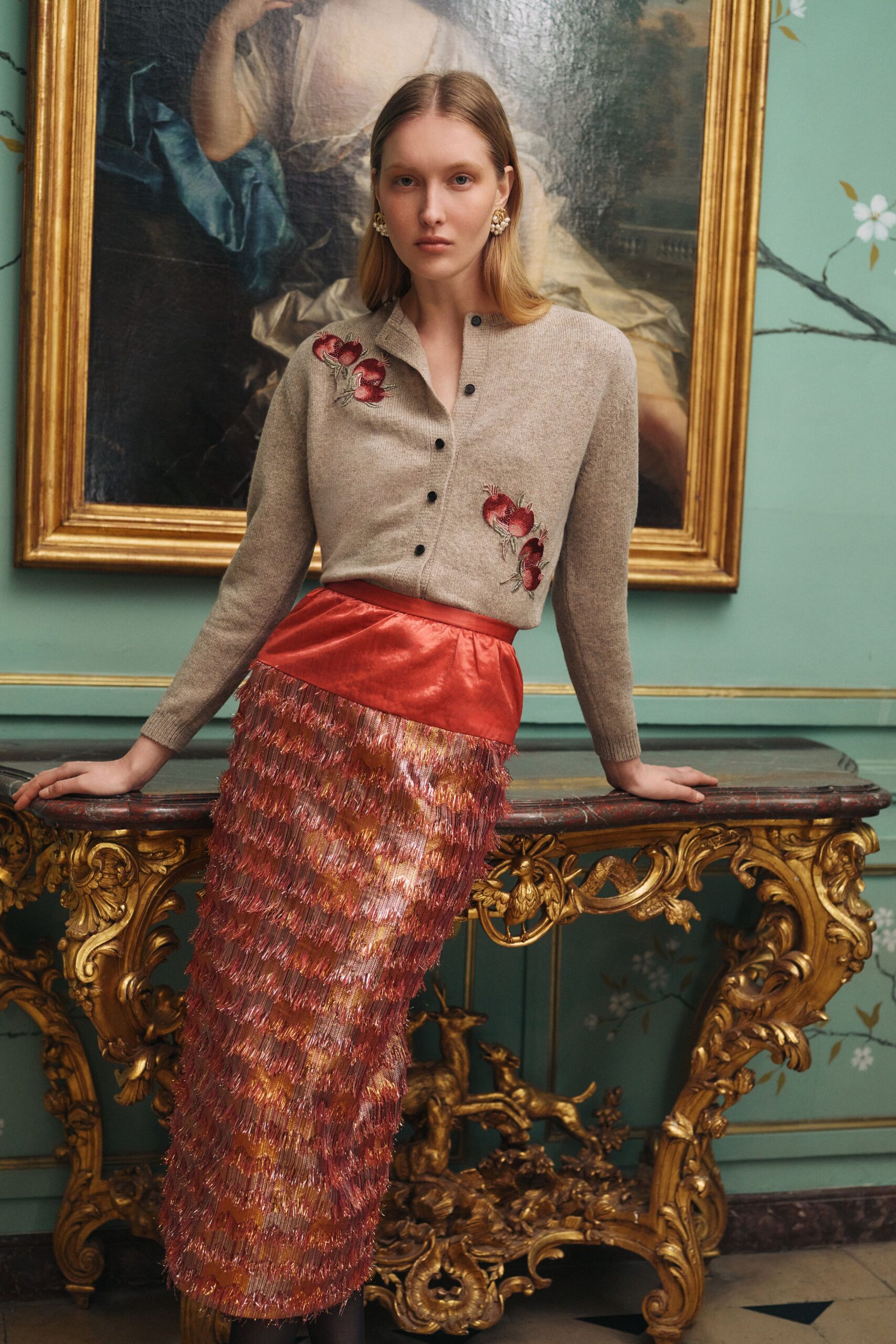 beige wool long-sleeve collared fitted embroidered cardigan