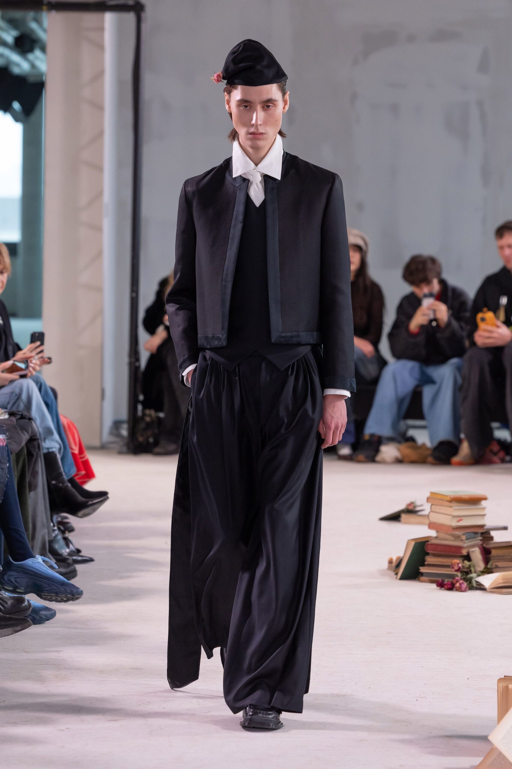 black silk long-sleeve collared structured buttoned jacket