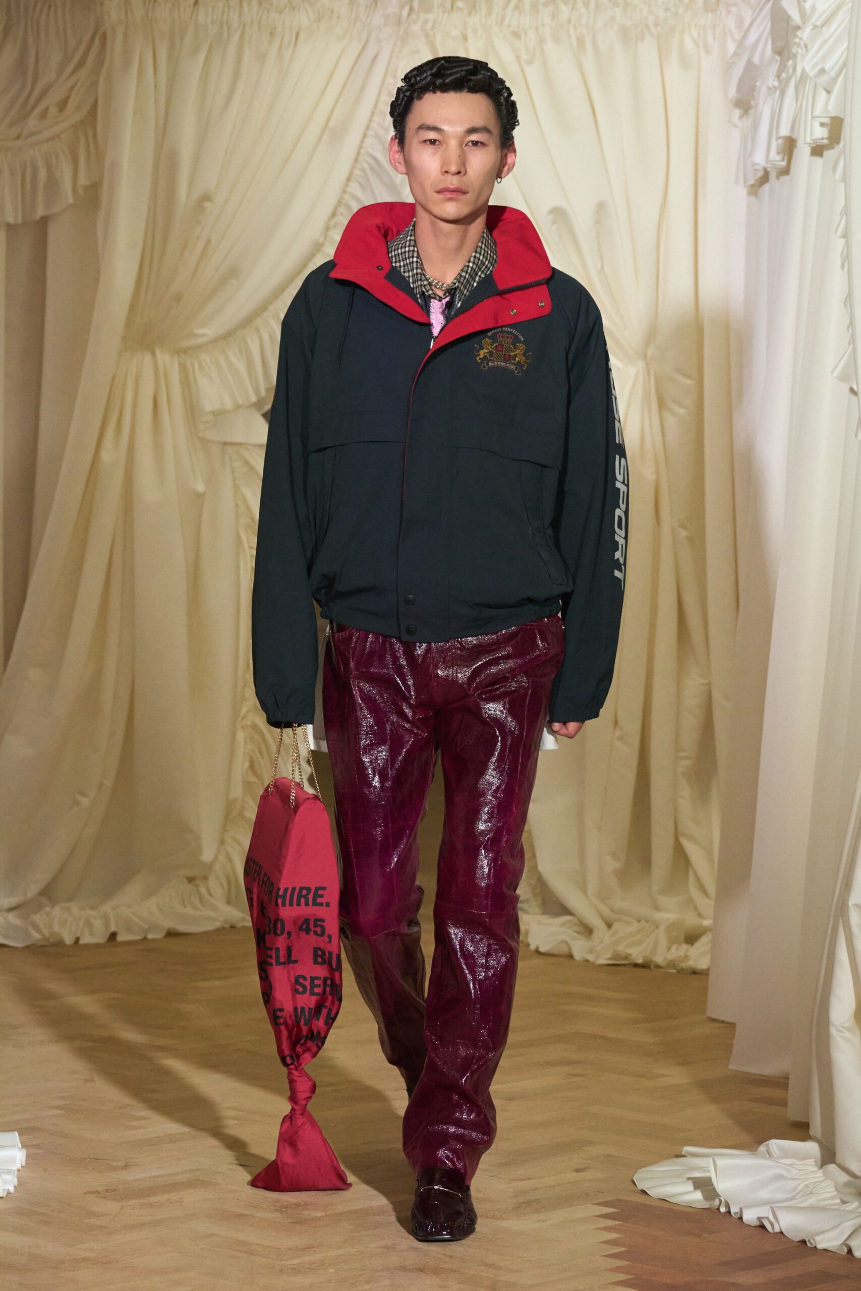 red vinyl fitted straight-leg shiny pants
