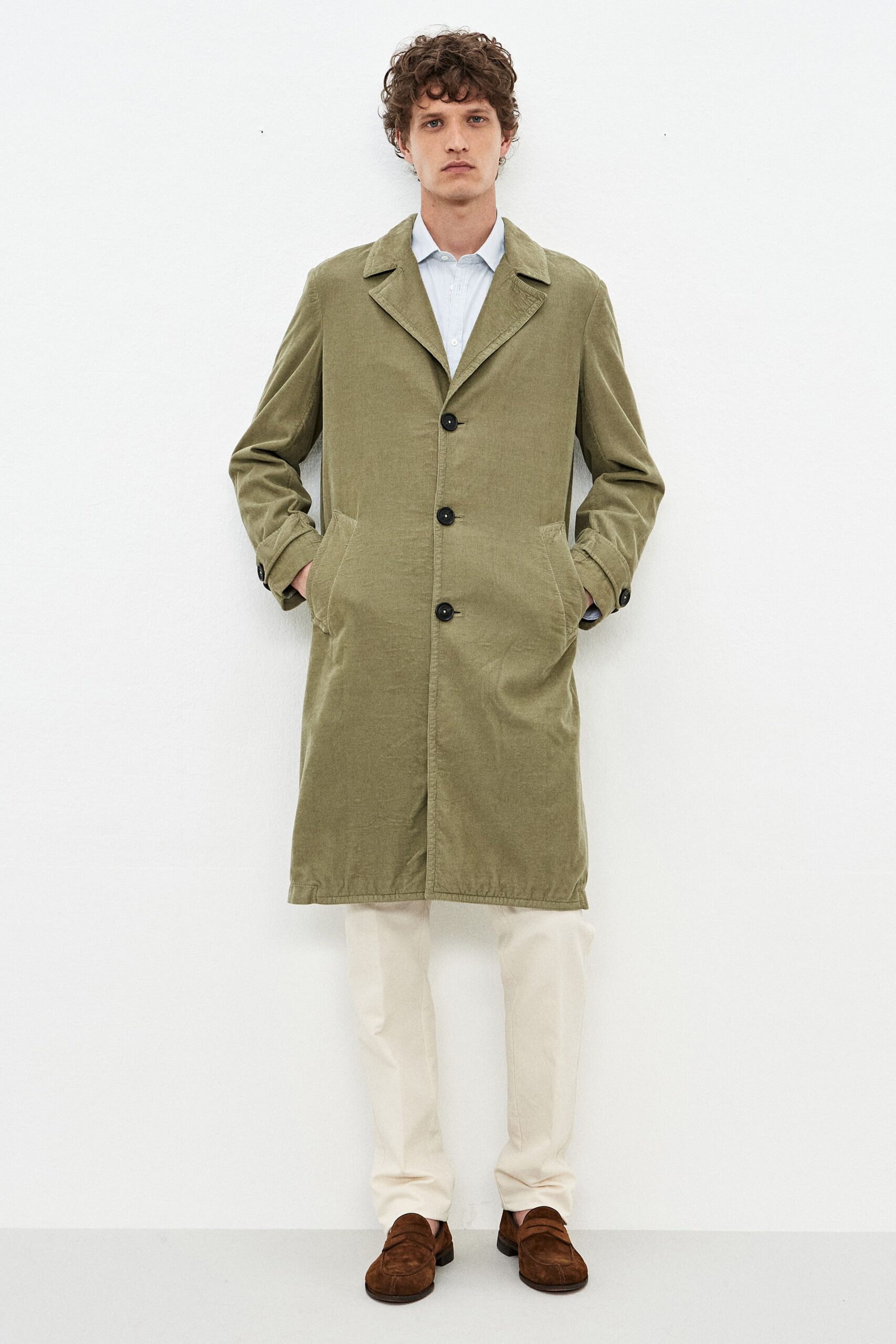 beige cotton slim straight-leg pants