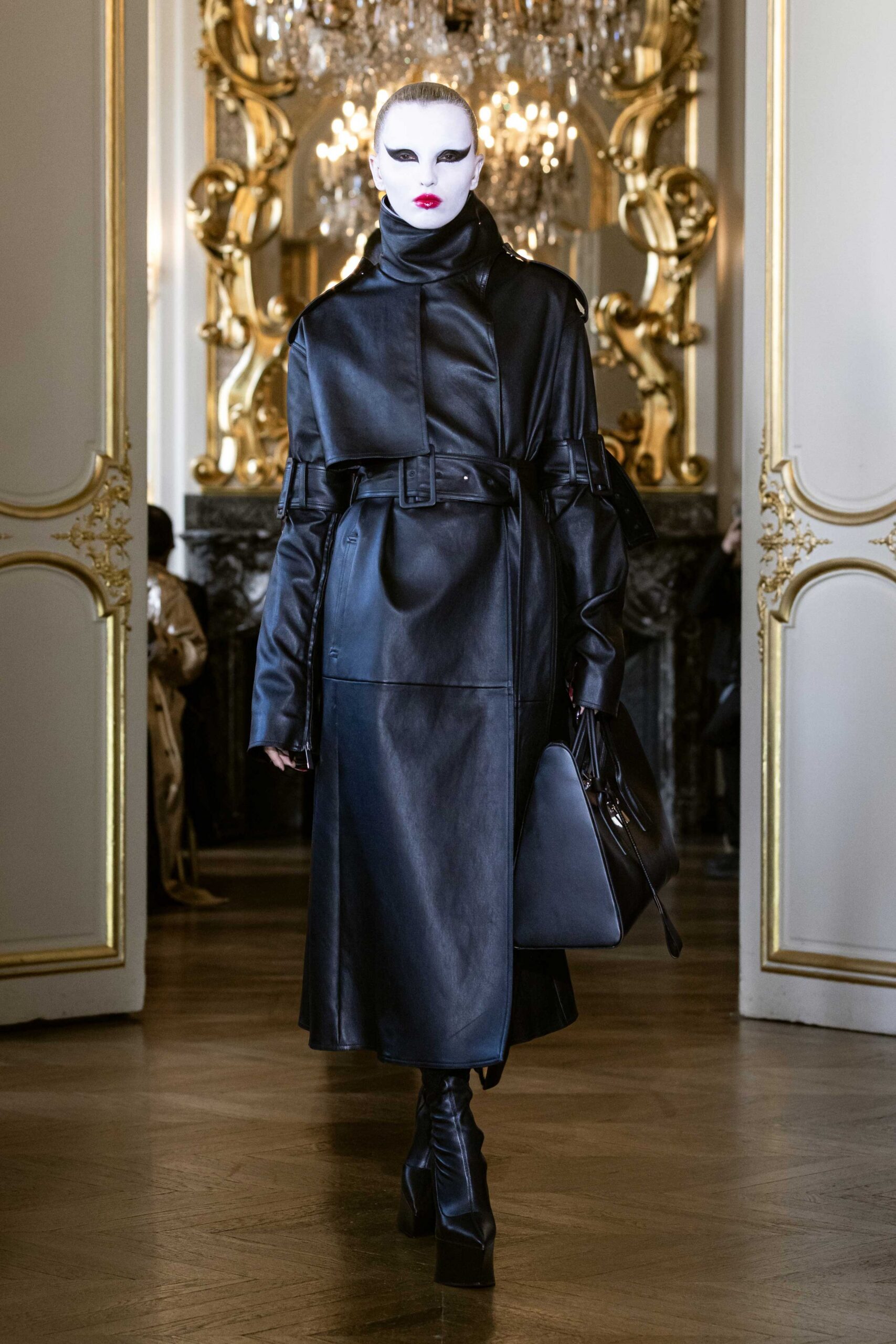 black leather long-sleeve collared fitted belted midi coat