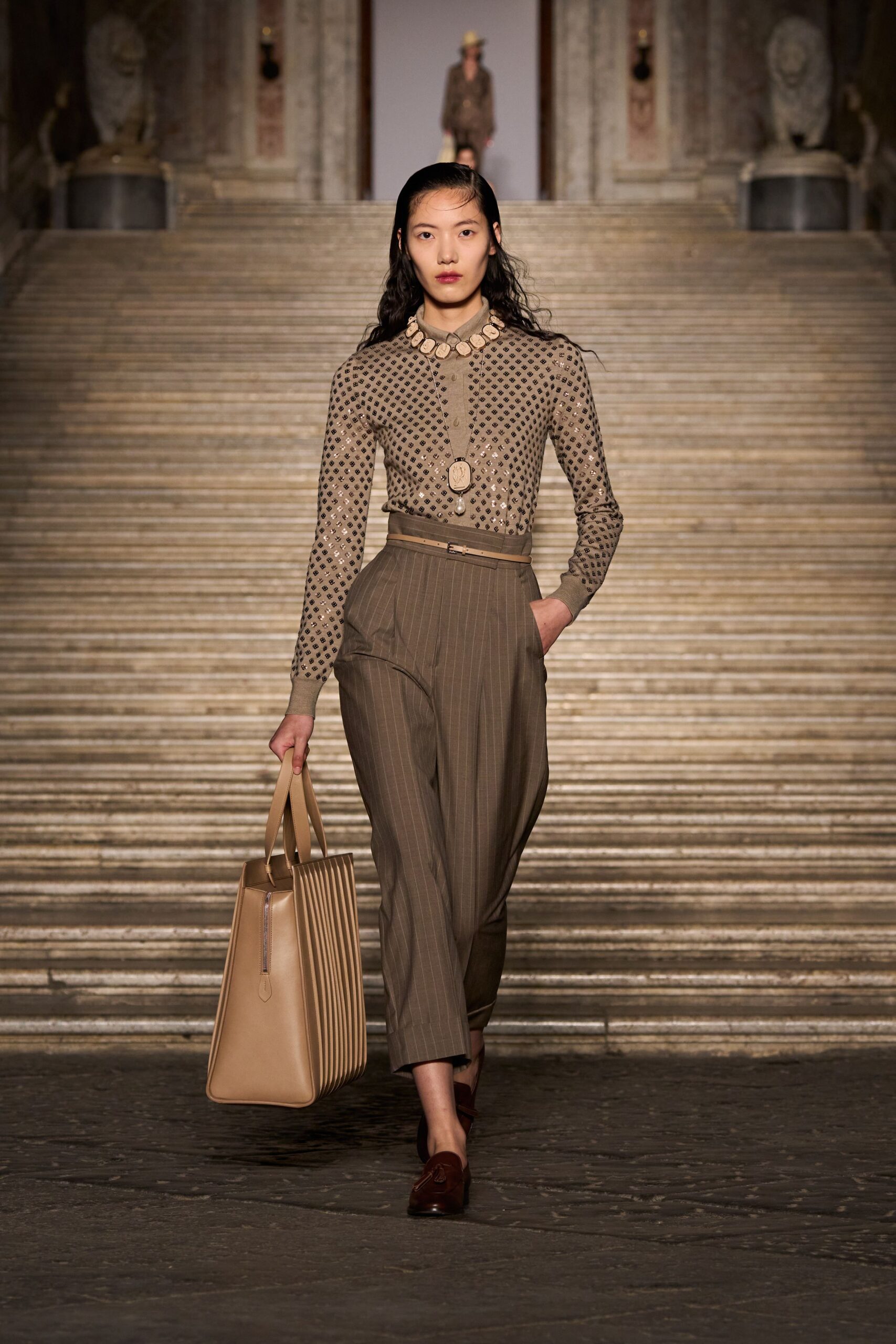 beige polka-dot shirt with tailored pants