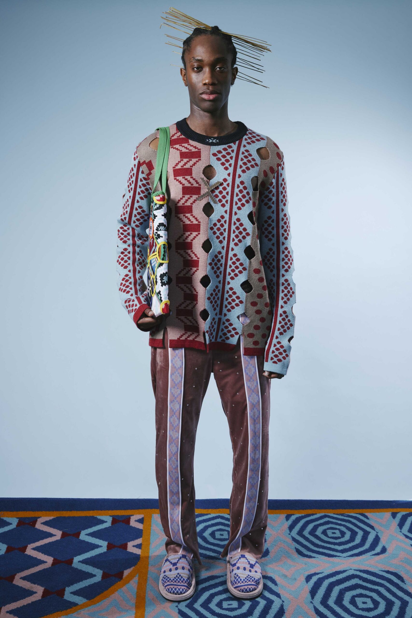 brown cotton fitted high-waisted printed pants