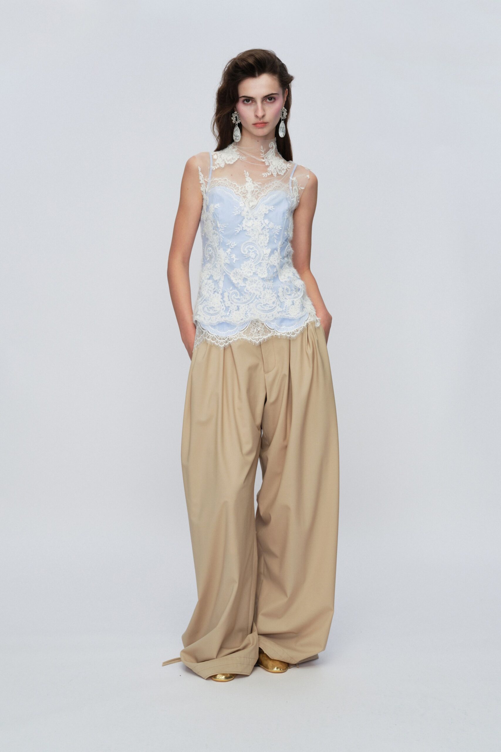 blue silk sleeveless high-neck relaxed embroidered top