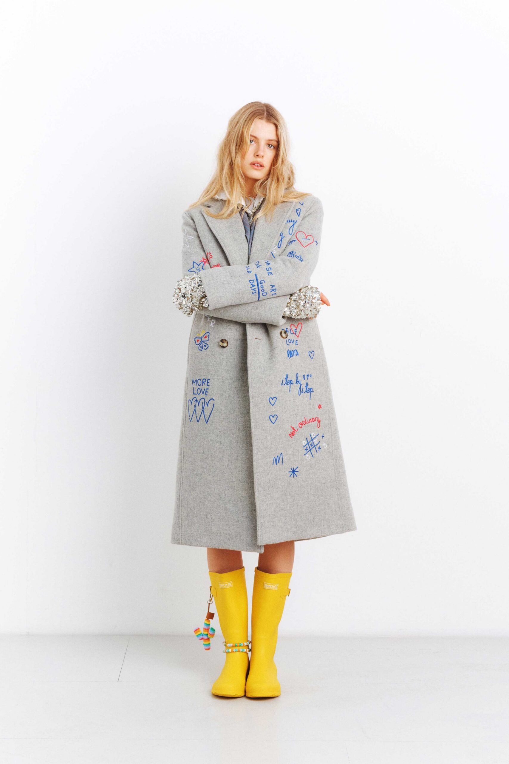 gray wool long-sleeve collared relaxed embroidered midi coat