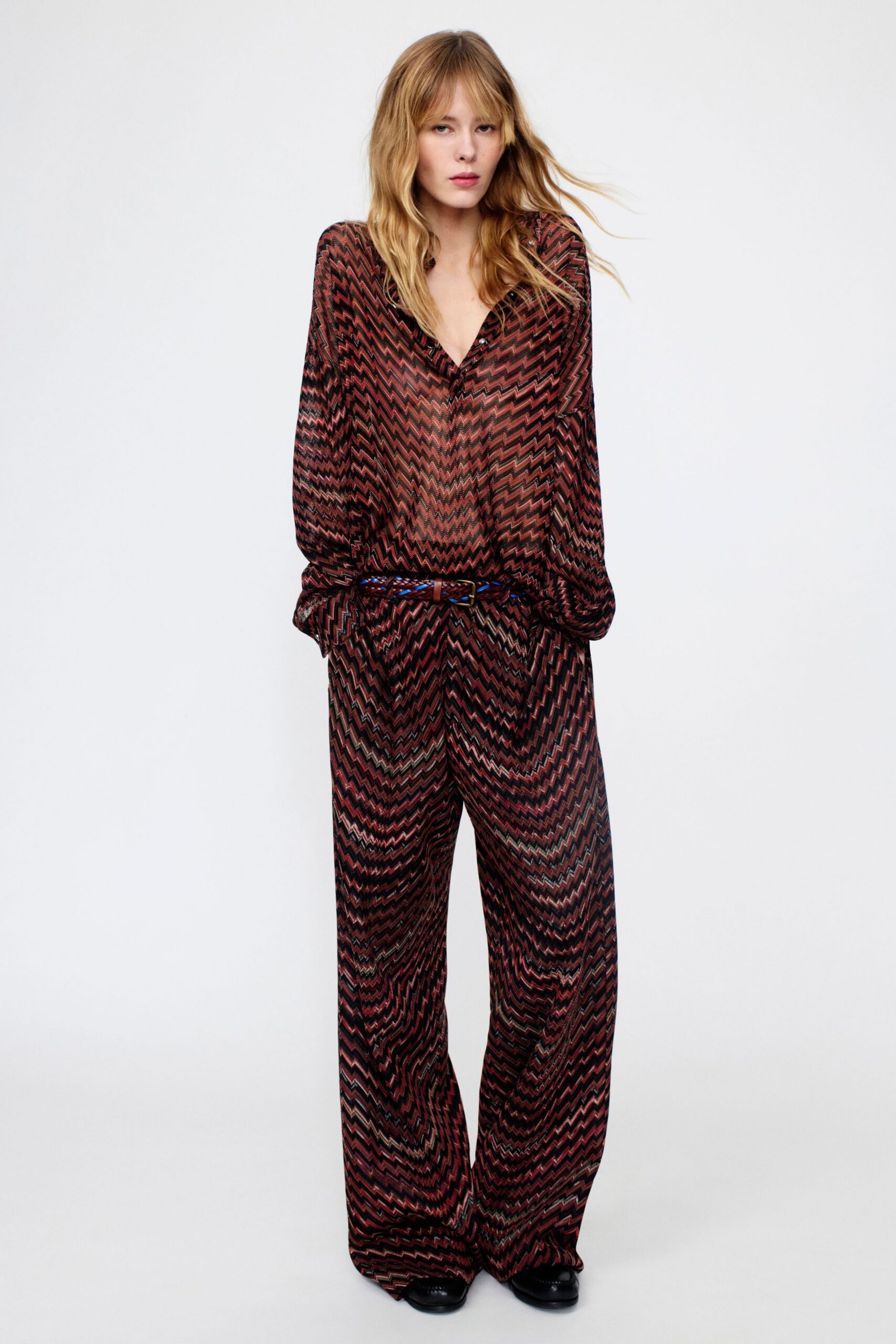 red silk relaxed wide-leg zigzag sheer pants