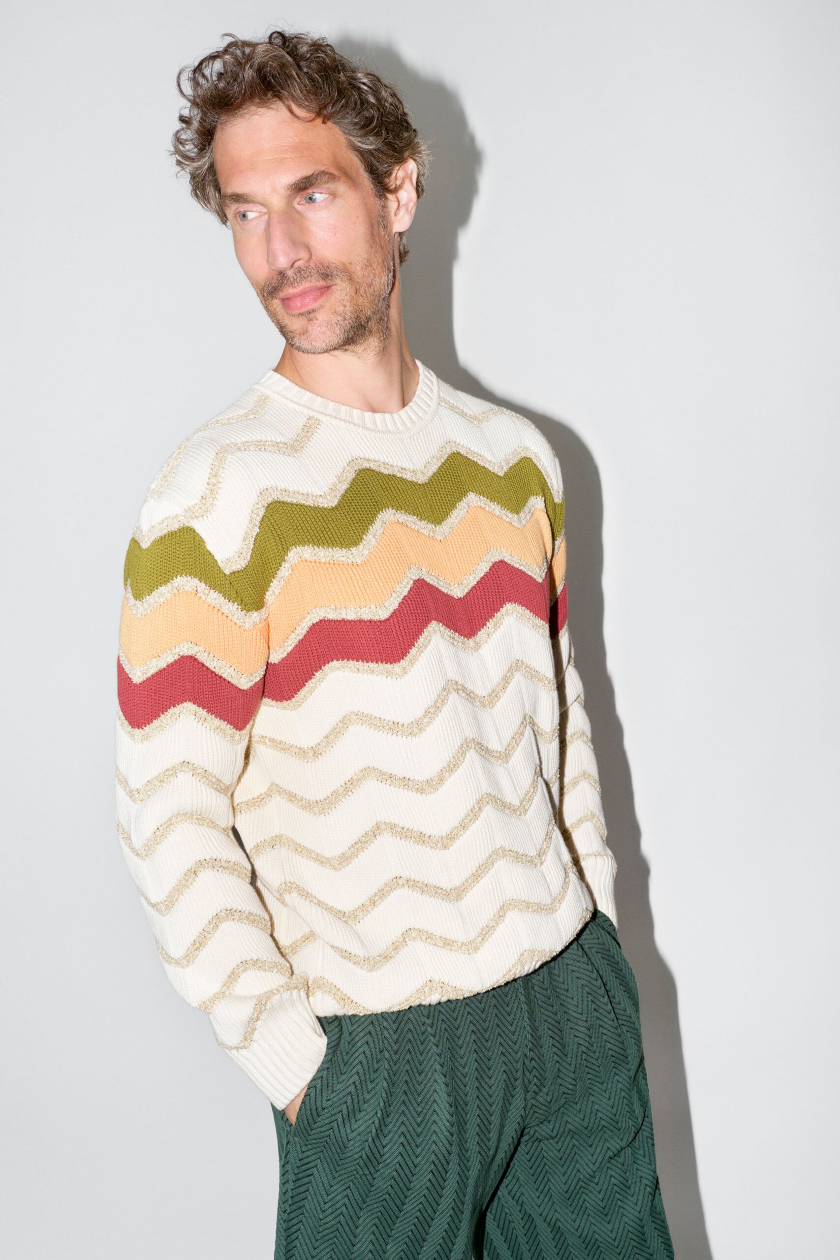 green cotton fitted textured pants