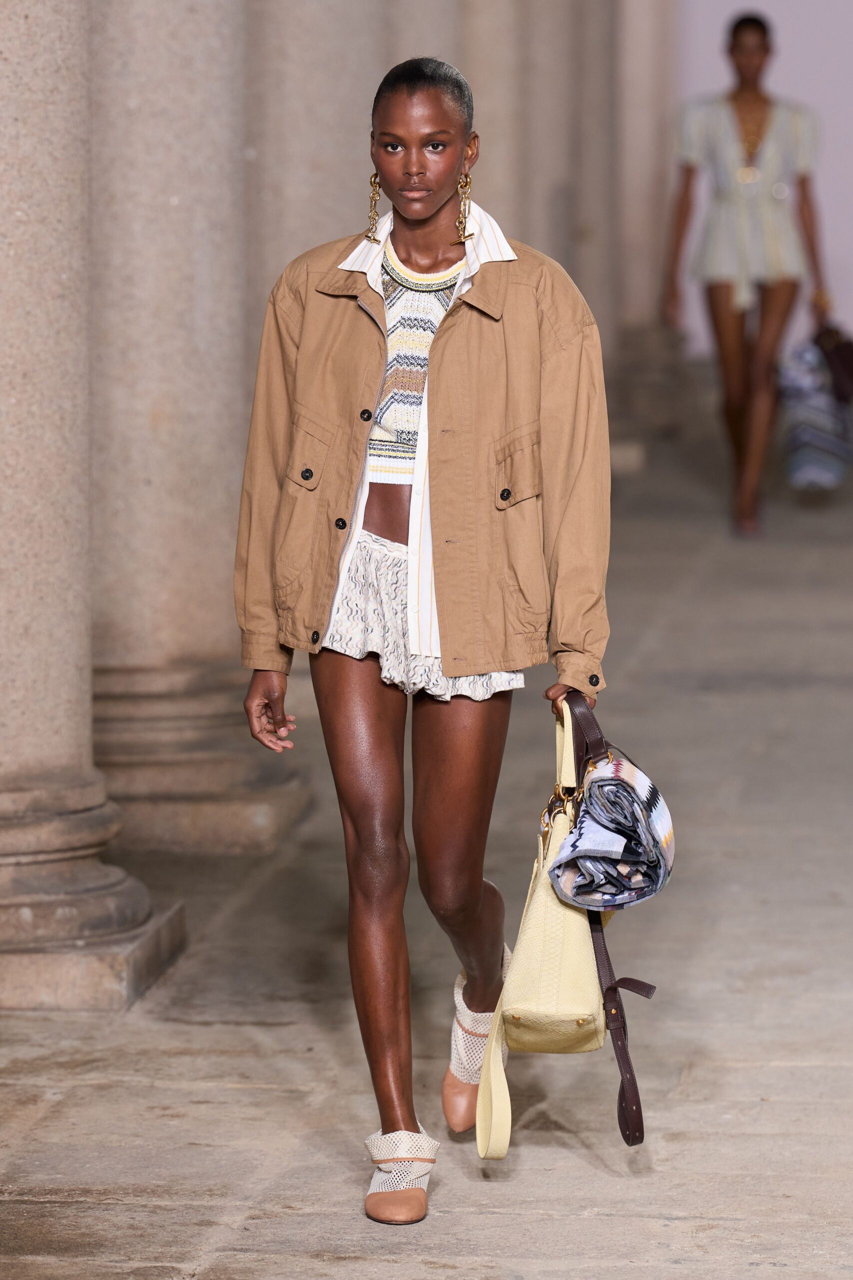 beige oversized jacket with striped top