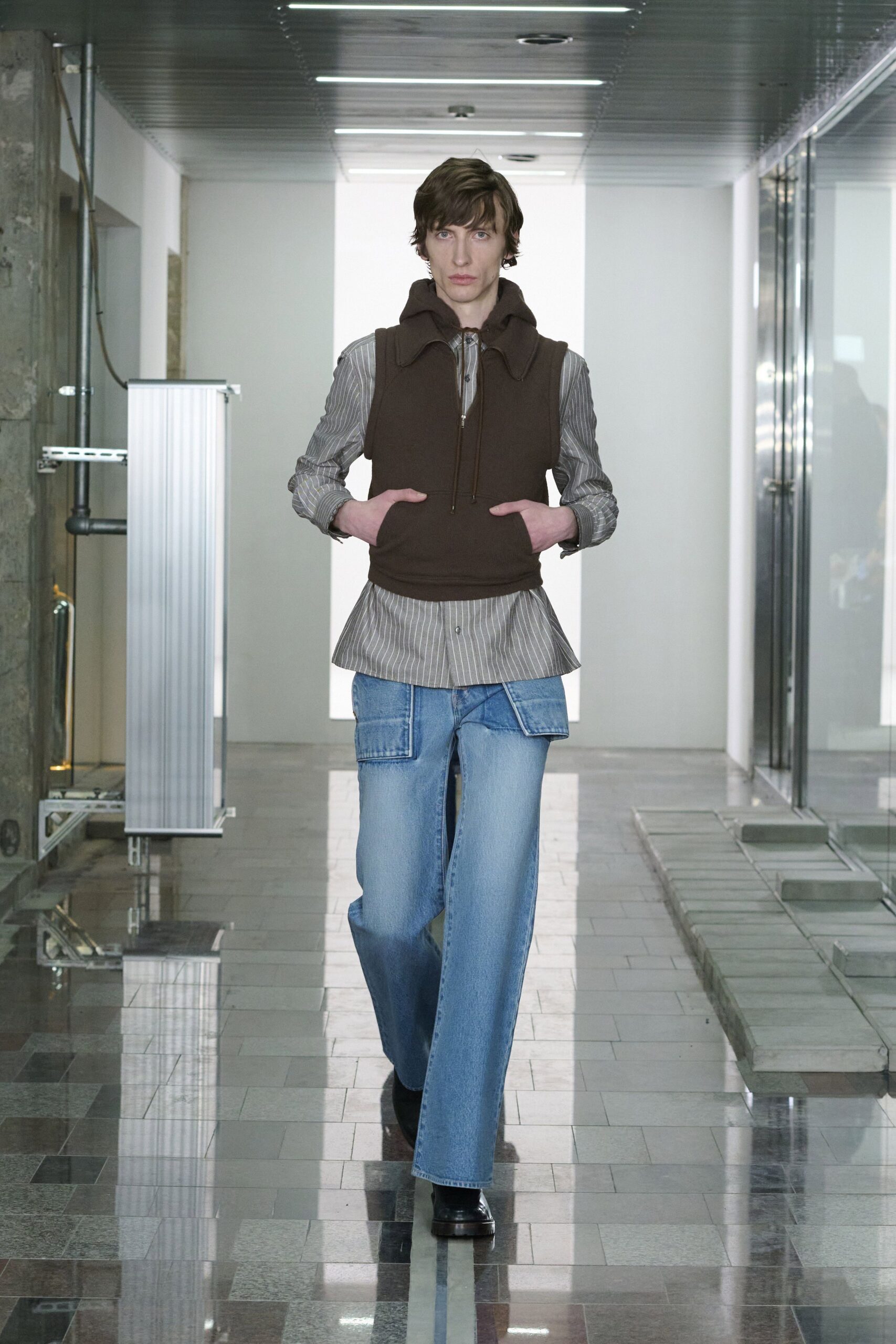 fitted striped shirt with brown vest