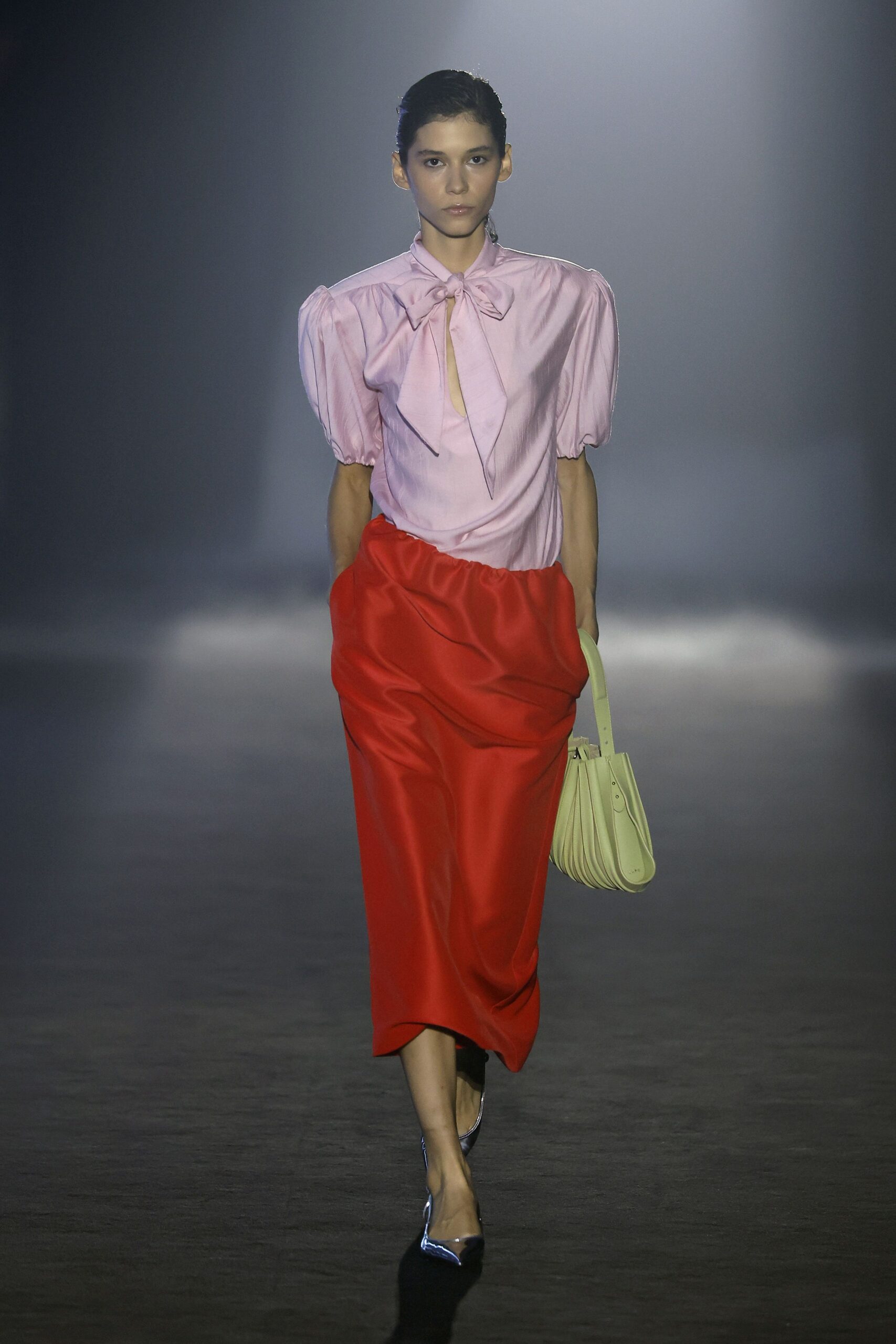 red satin fitted straight-leg midi skirt