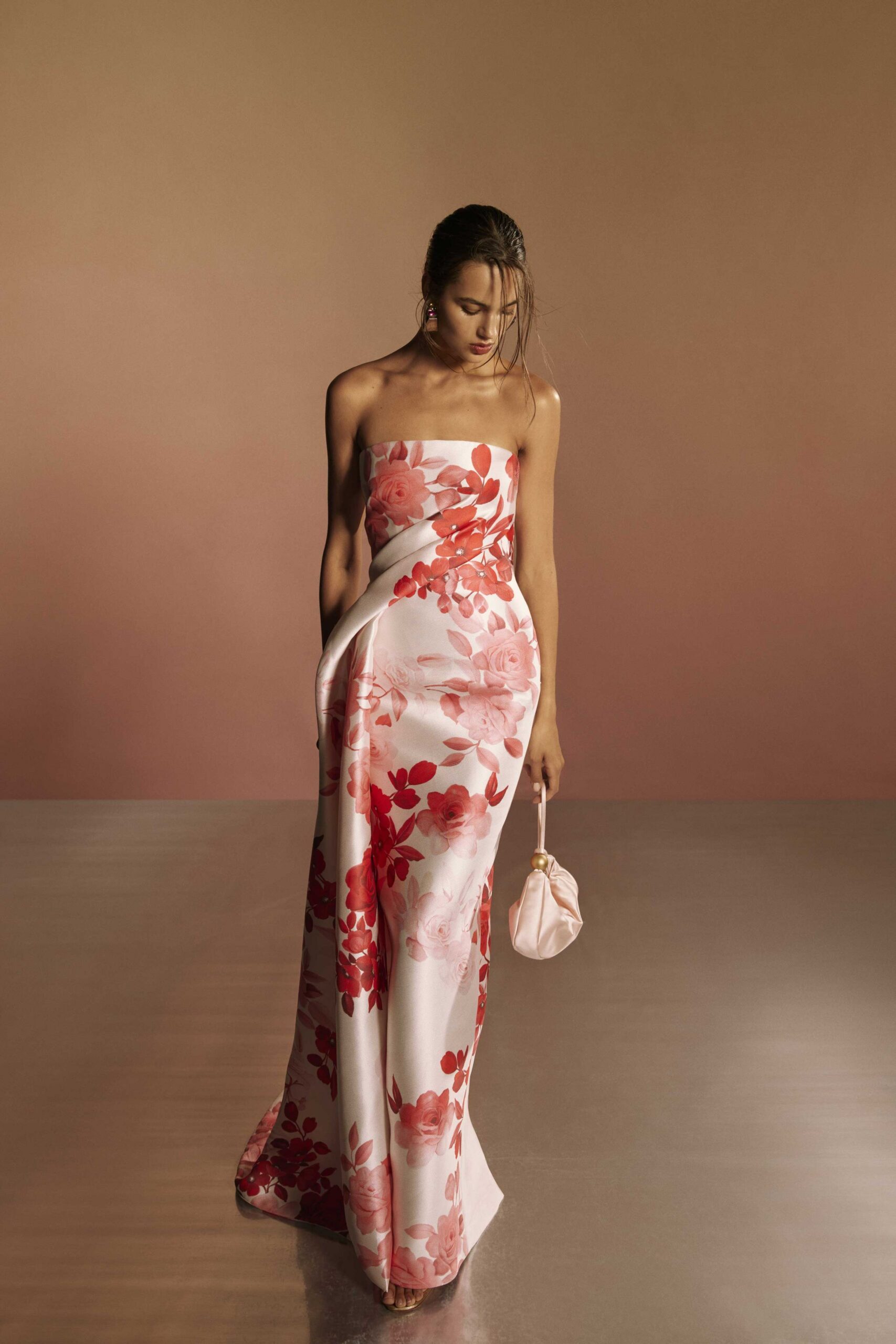 white silk strapless fitted floral draped maxi gown