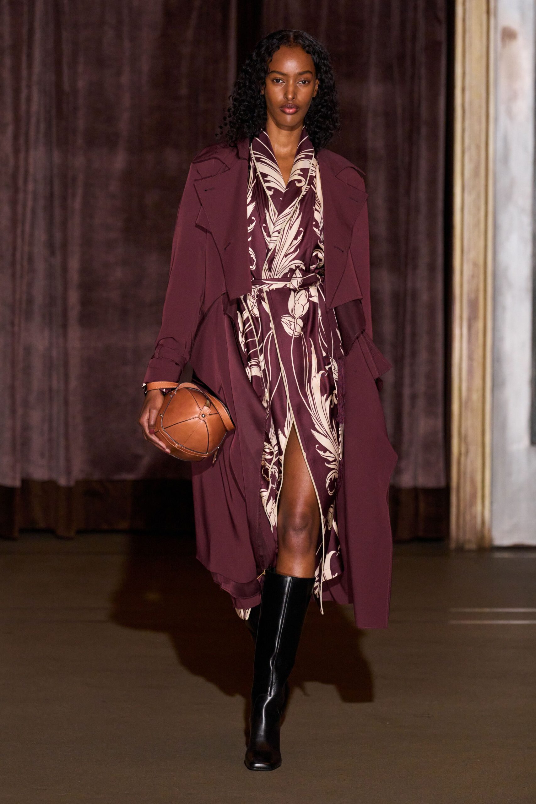maroon silk long-sleeve collared relaxed belted printed trench