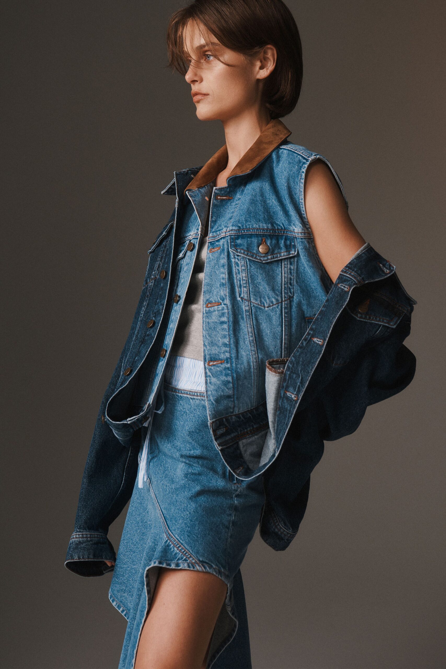 blue denim asymmetric fitted zippered skirt
