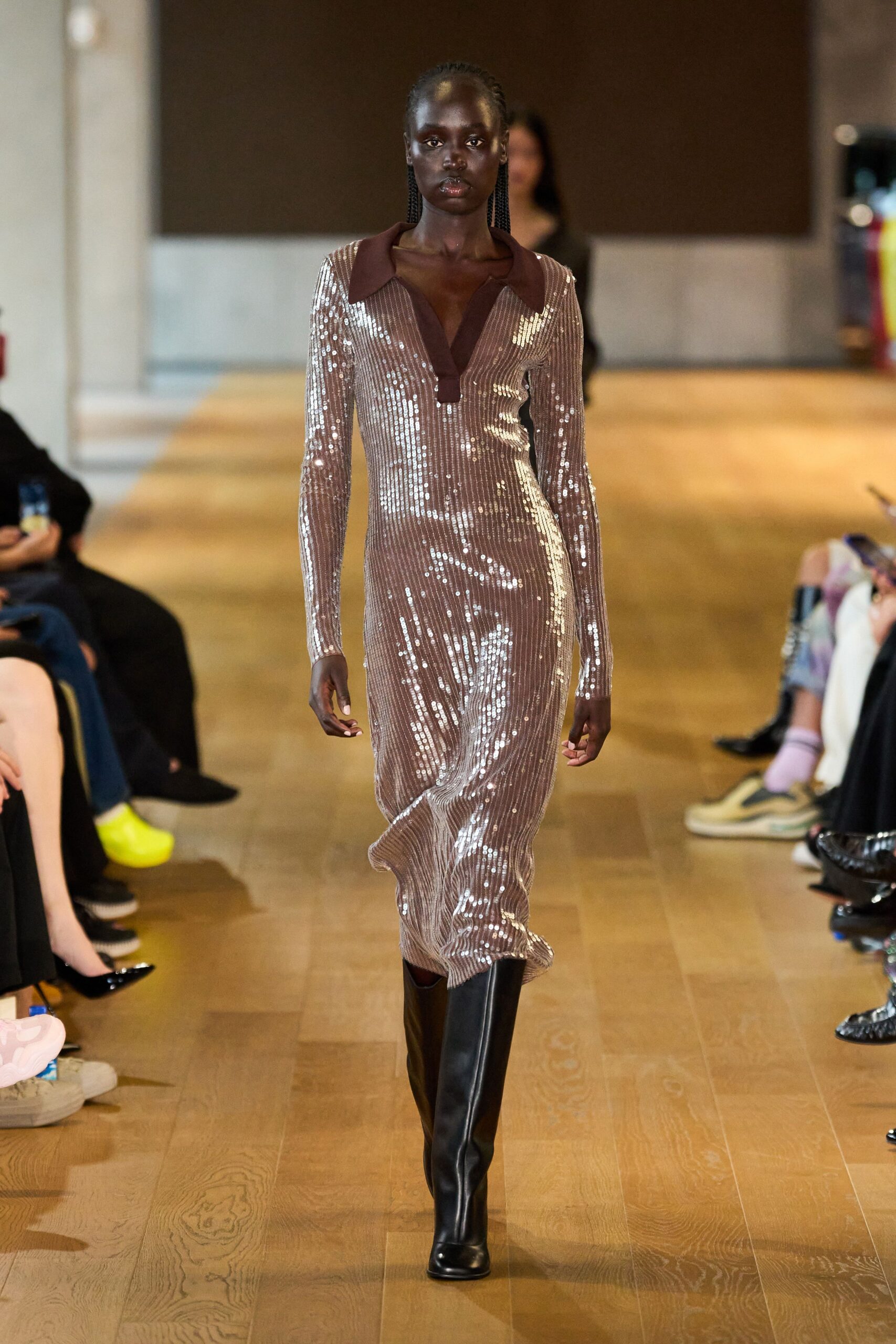 brown sequin long-sleeve collared fitted zippered shiny dress