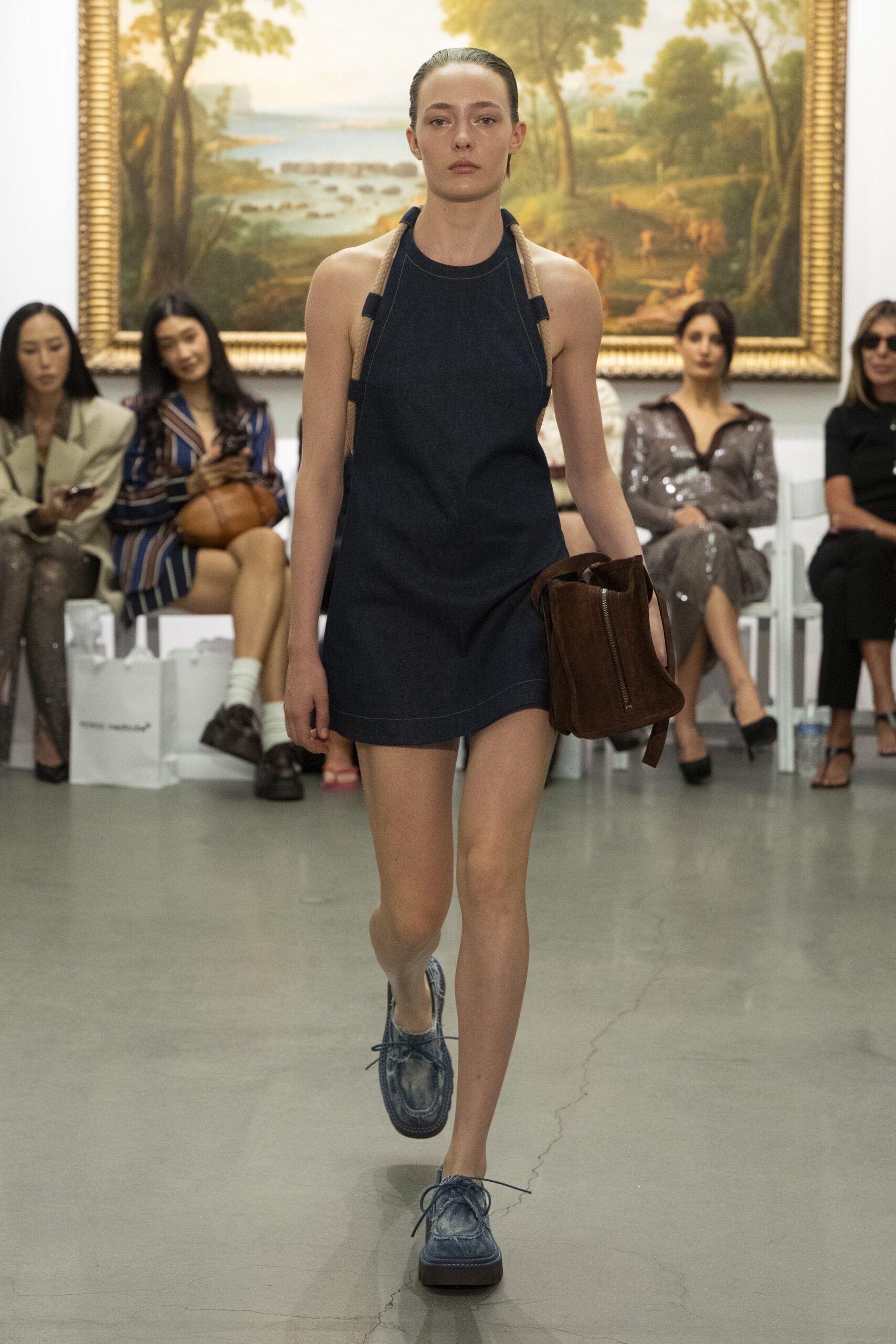 blue denim sleeveless high-neck fitted straight-leg mini dress