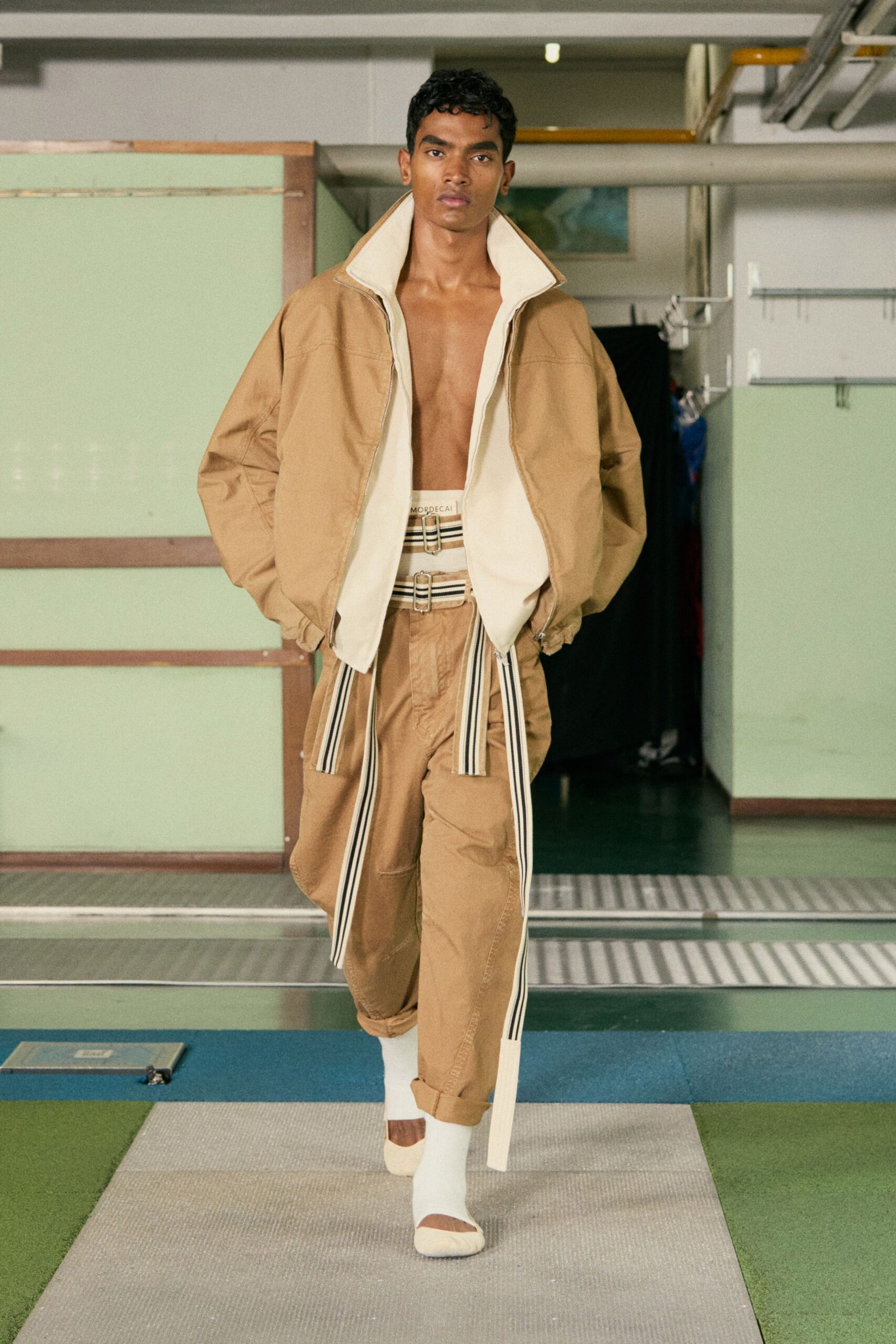 beige oversized jacket and relaxed pants