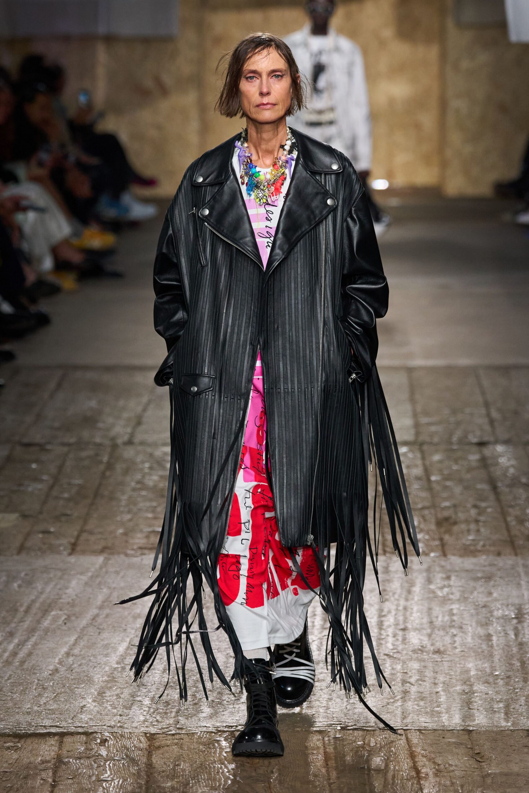 black leather oversized coat with printed dress