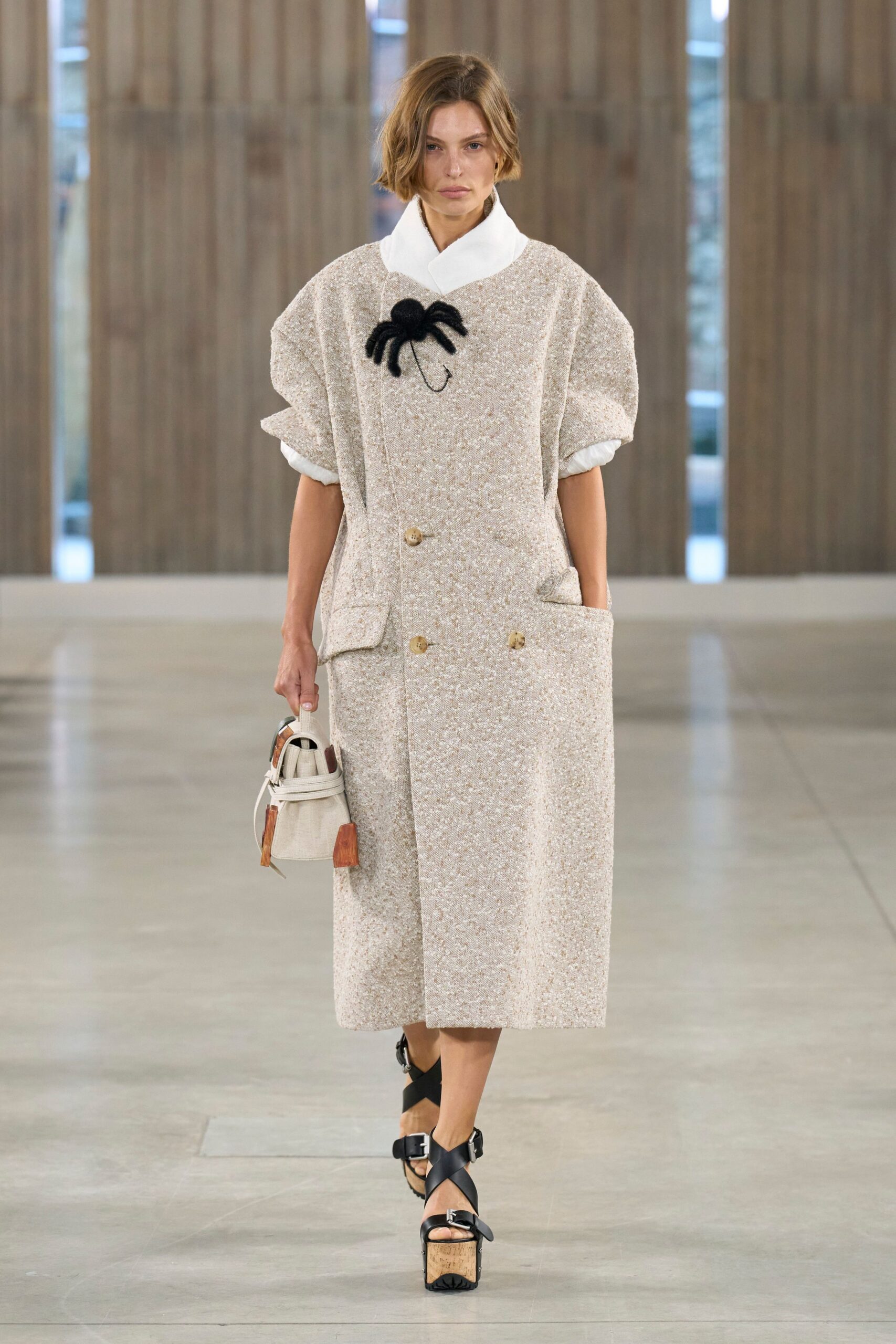 beige cotton short-sleeve collared oversized buttoned midi coat