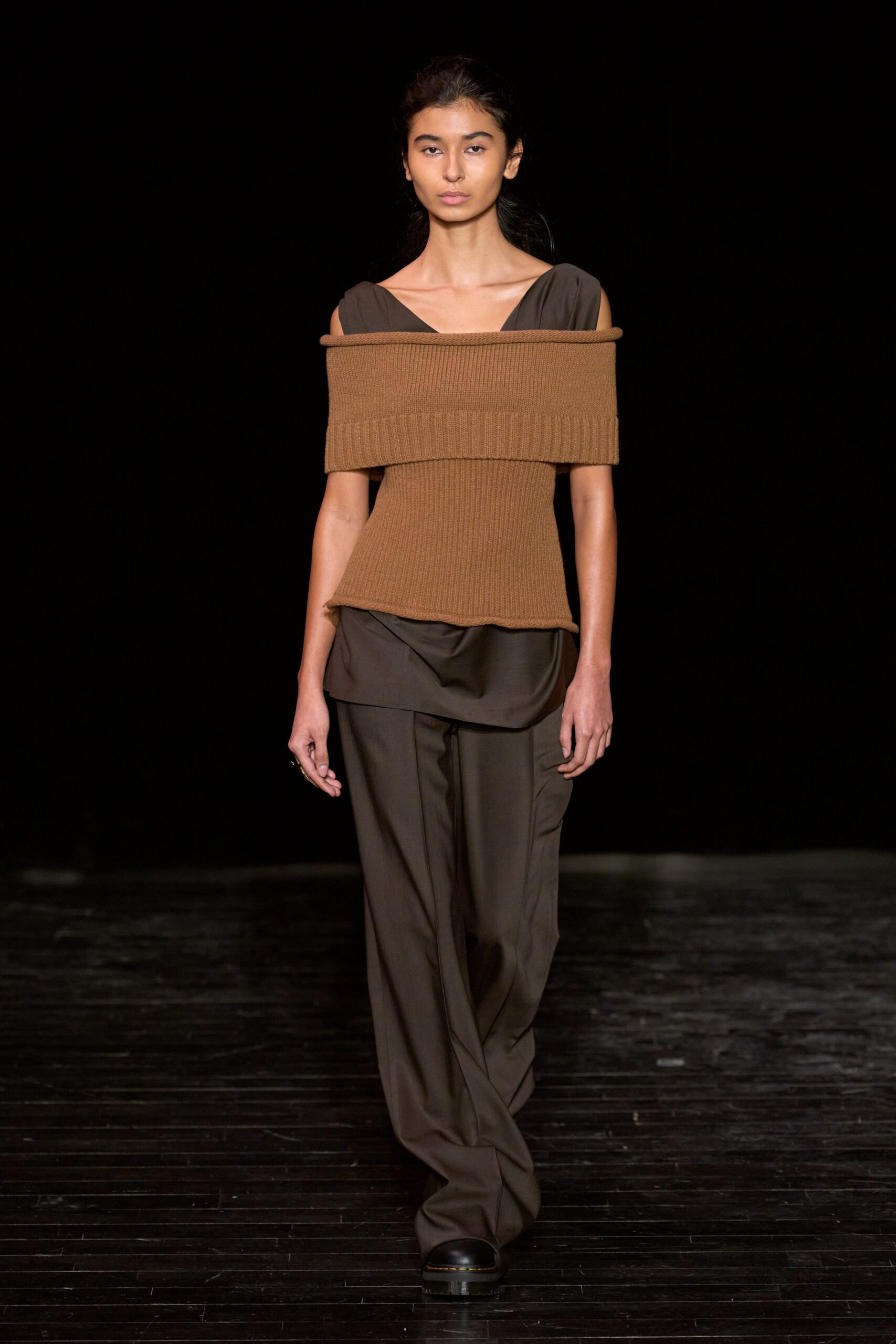 brown fitted top with relaxed pants