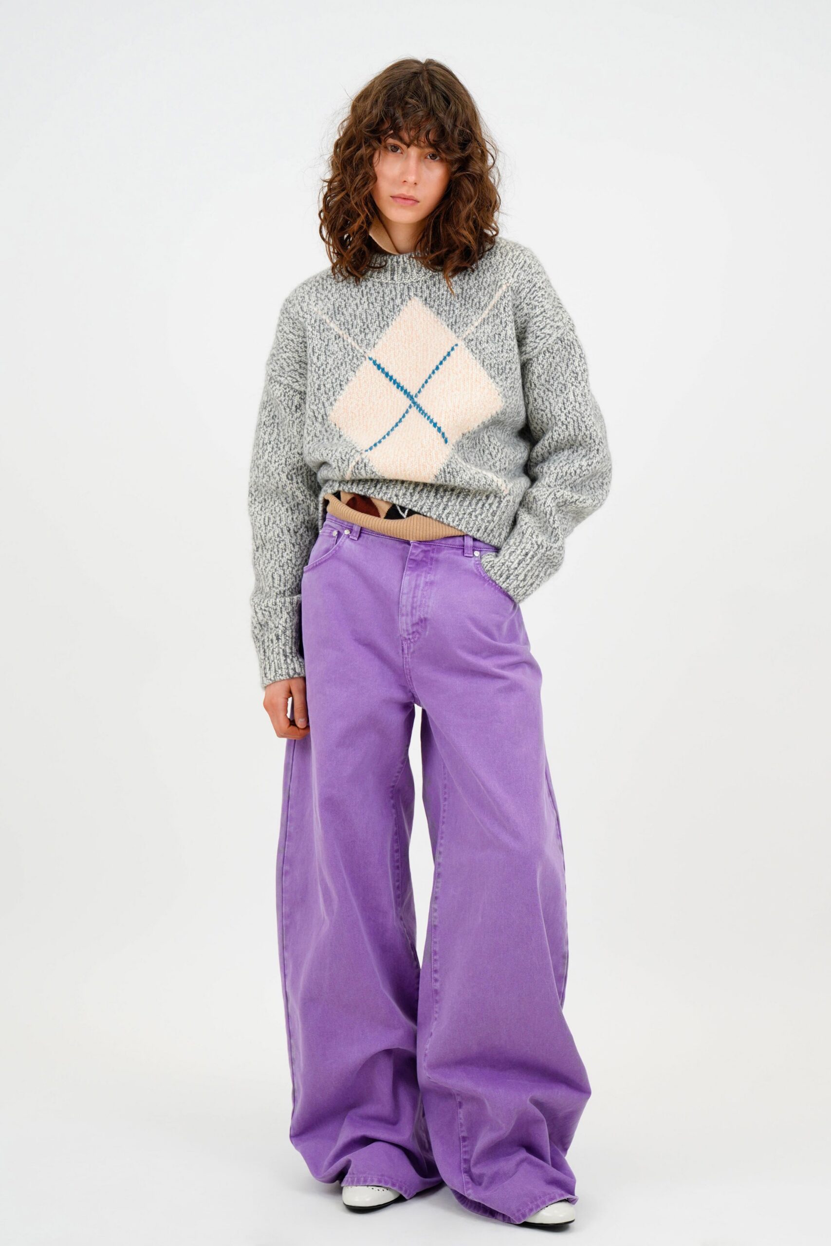 gray wool long-sleeve collared relaxed embroidered sweater