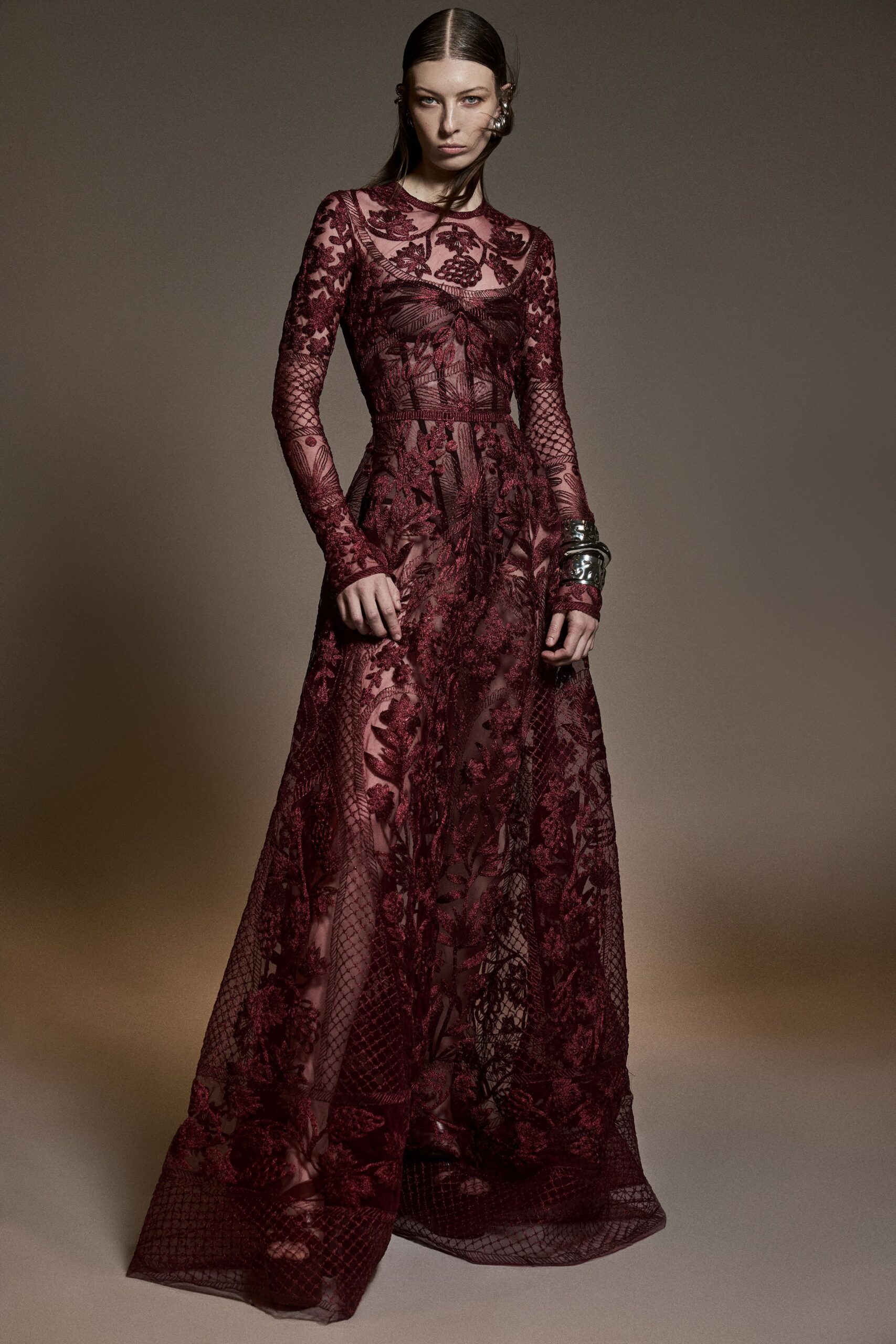 red lace long-sleeve gown