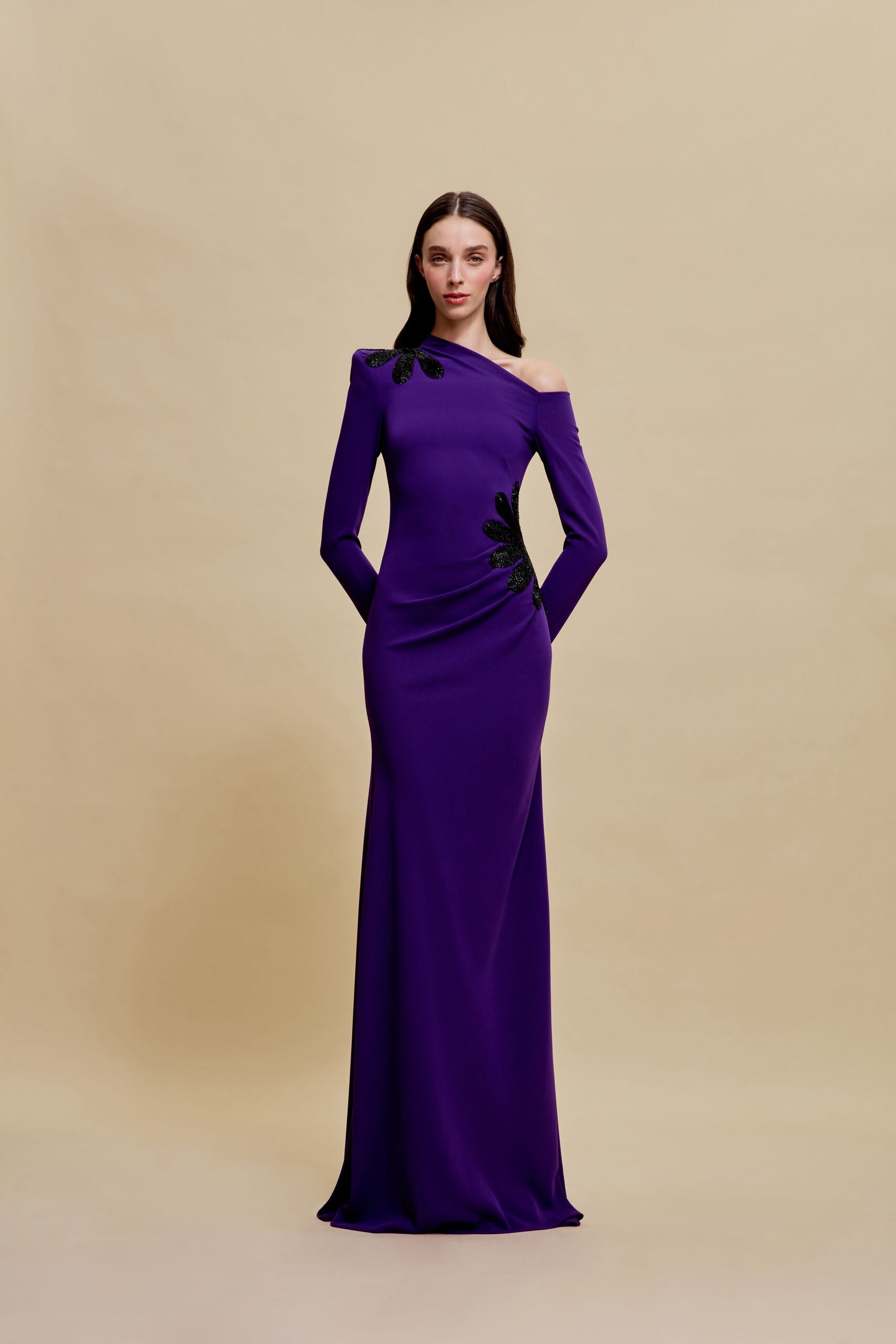 fitted purple off-shoulder gown